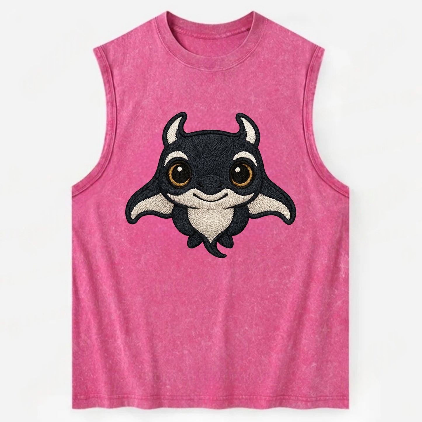 Baby Manta Ray - dark with white markings, cephalic fins, gentle eyes, - Vintage Washed Tank - Pink