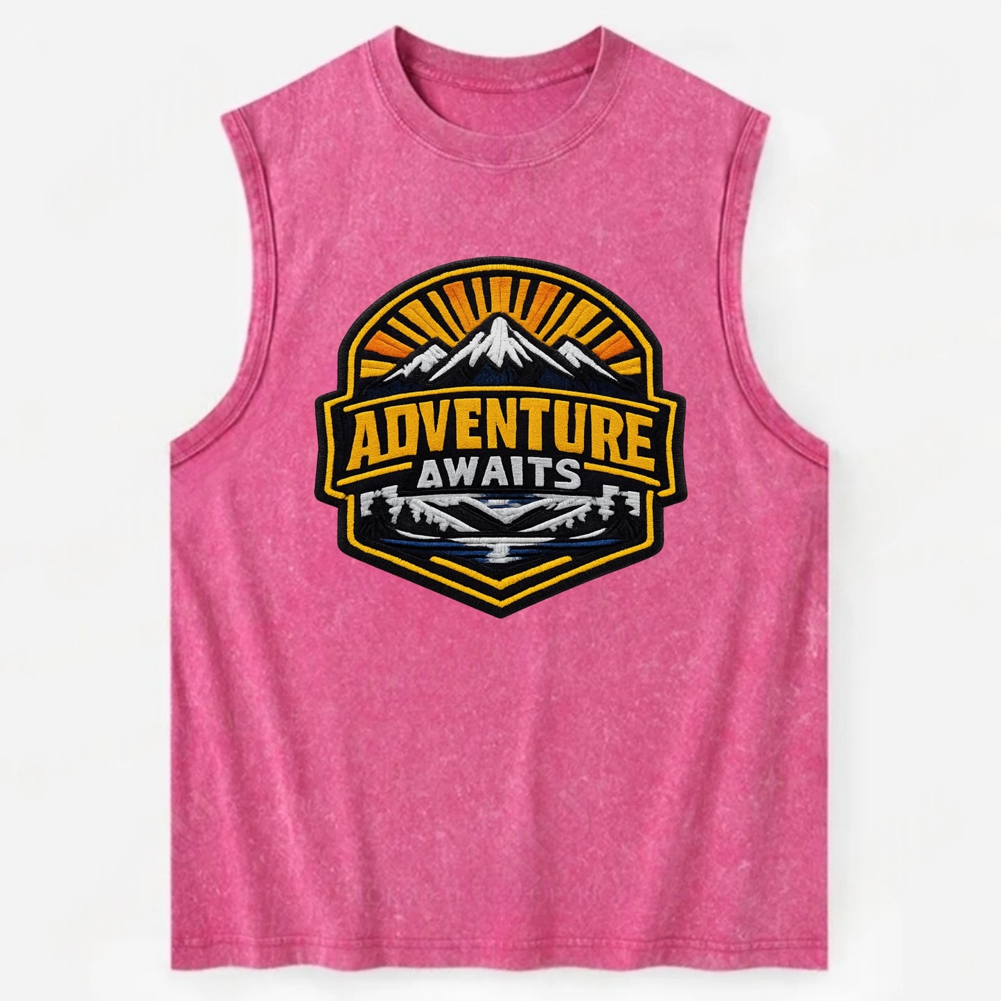 ADVENTURE AWAITS - mountain sunrise with text in gold and blue , wanderlust - Vintage Washed Tank - Pink