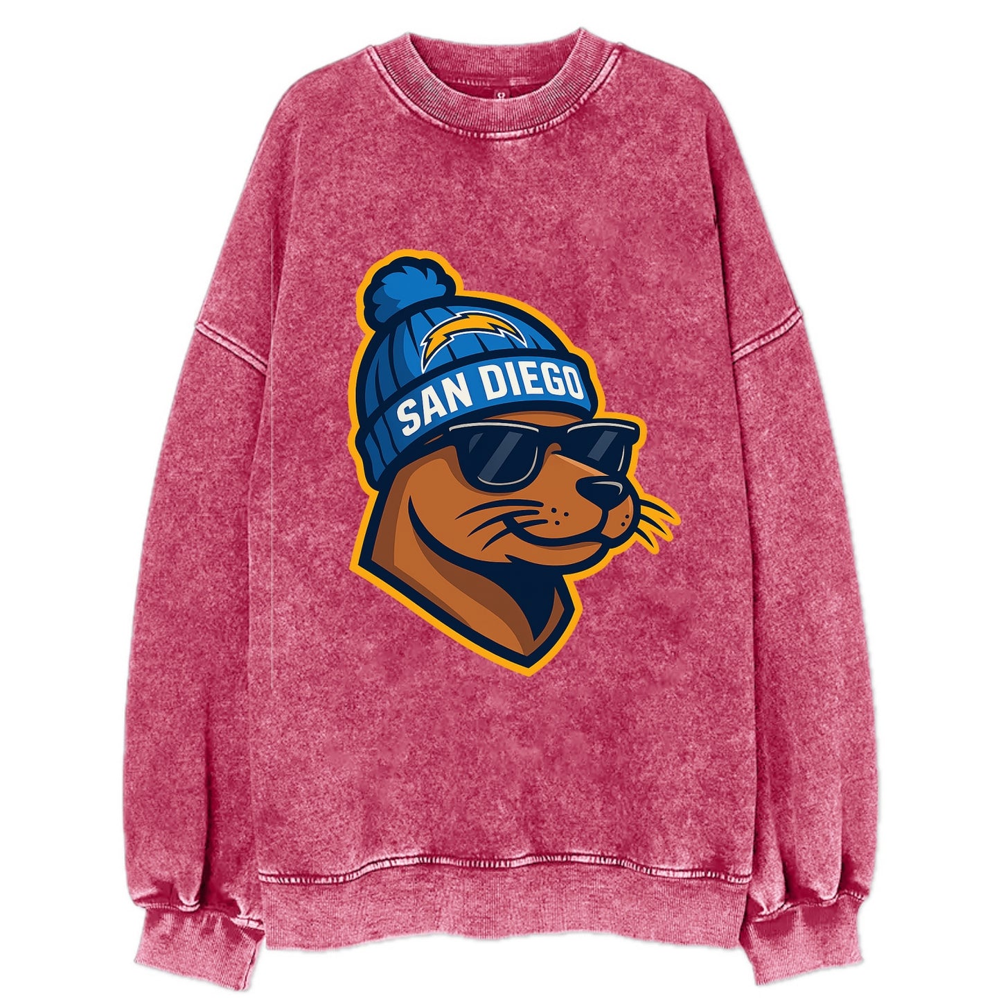 San Diego Sea Lion wearing Chargers beanie with bolt patch and wayfarer - Vintage Sweatshirt - Pink