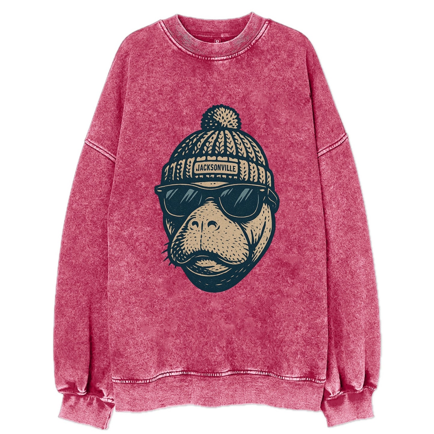 Jacksonville Manatee wearing Jacksonville beanie with pom pom and wayfarer - Vintage Sweatshirt - Pink