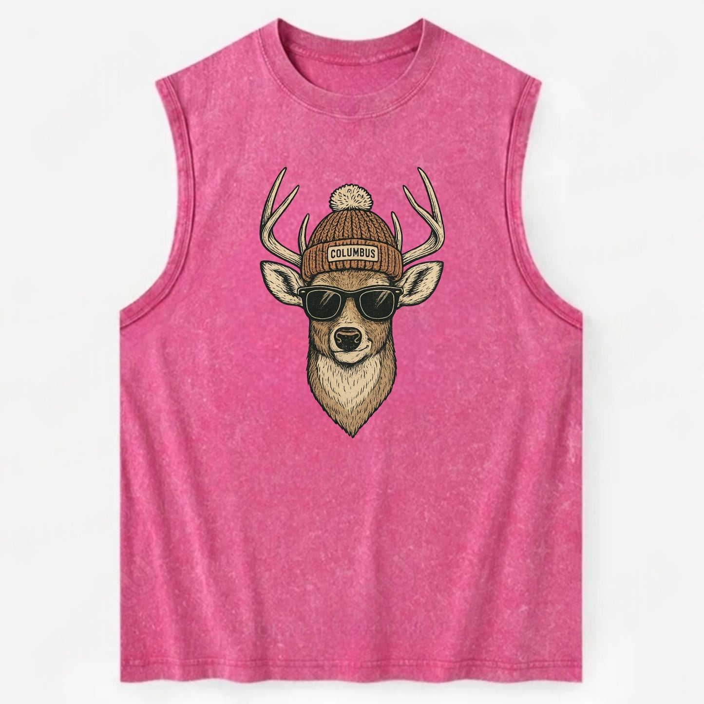 Ohio White-tailed Deer wearing Columbus beanie with pom pom and wayfarer - Vintage Washed Tank - Pink