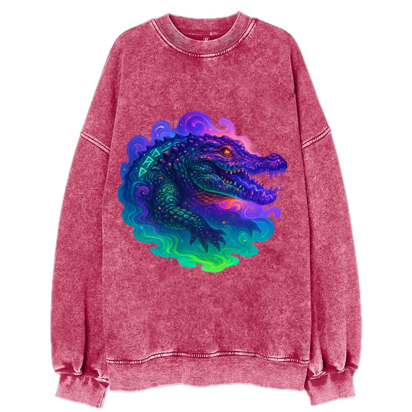 Primordial crocodile with scales pulsing plasma energy in green and purple, - Vintage Sweatshirt - Pink