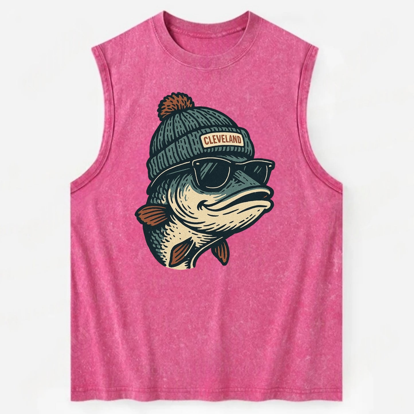 Cleveland Lake Erie Walleye wearing Cleveland beanie with pom pom and - Vintage Washed Tank - Pink