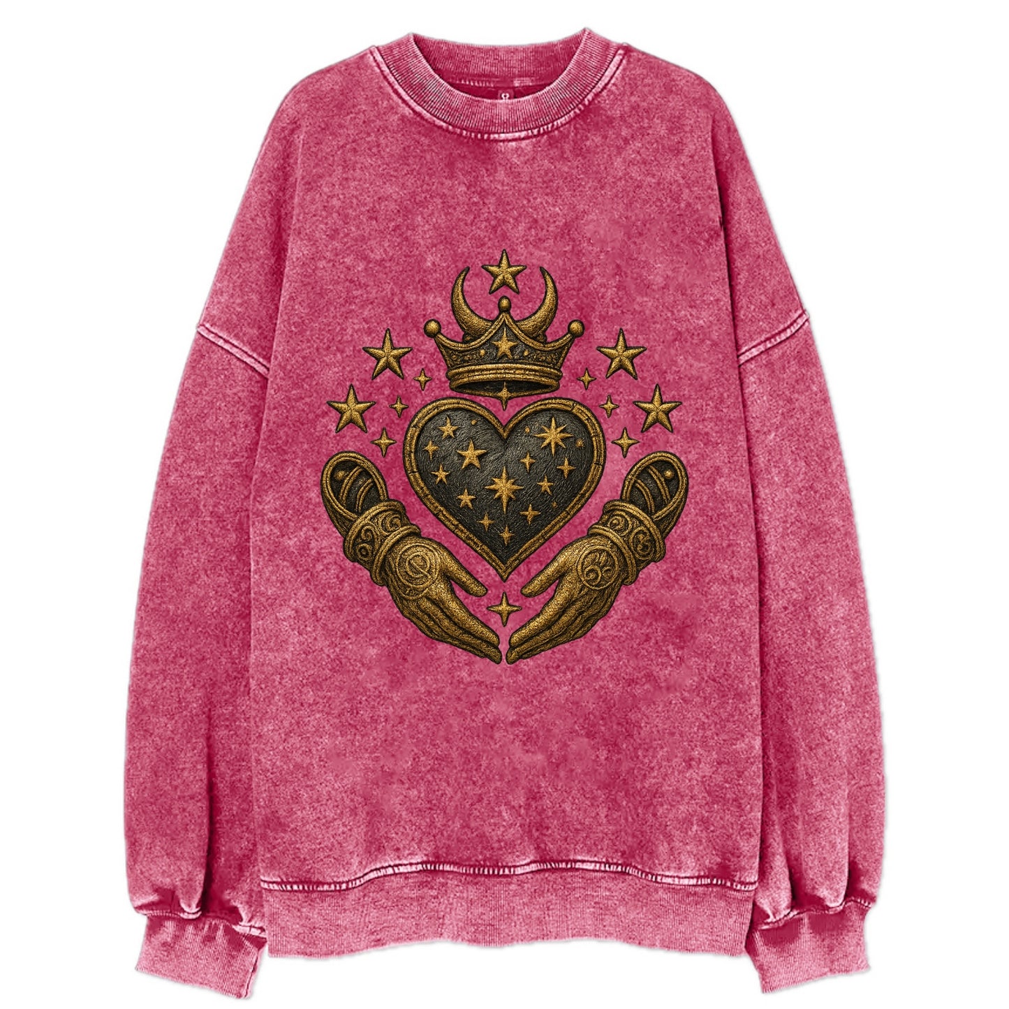 Weathered antique brass crown above a hammered gunmetal heart framed by - Vintage Sweatshirt - Pink
