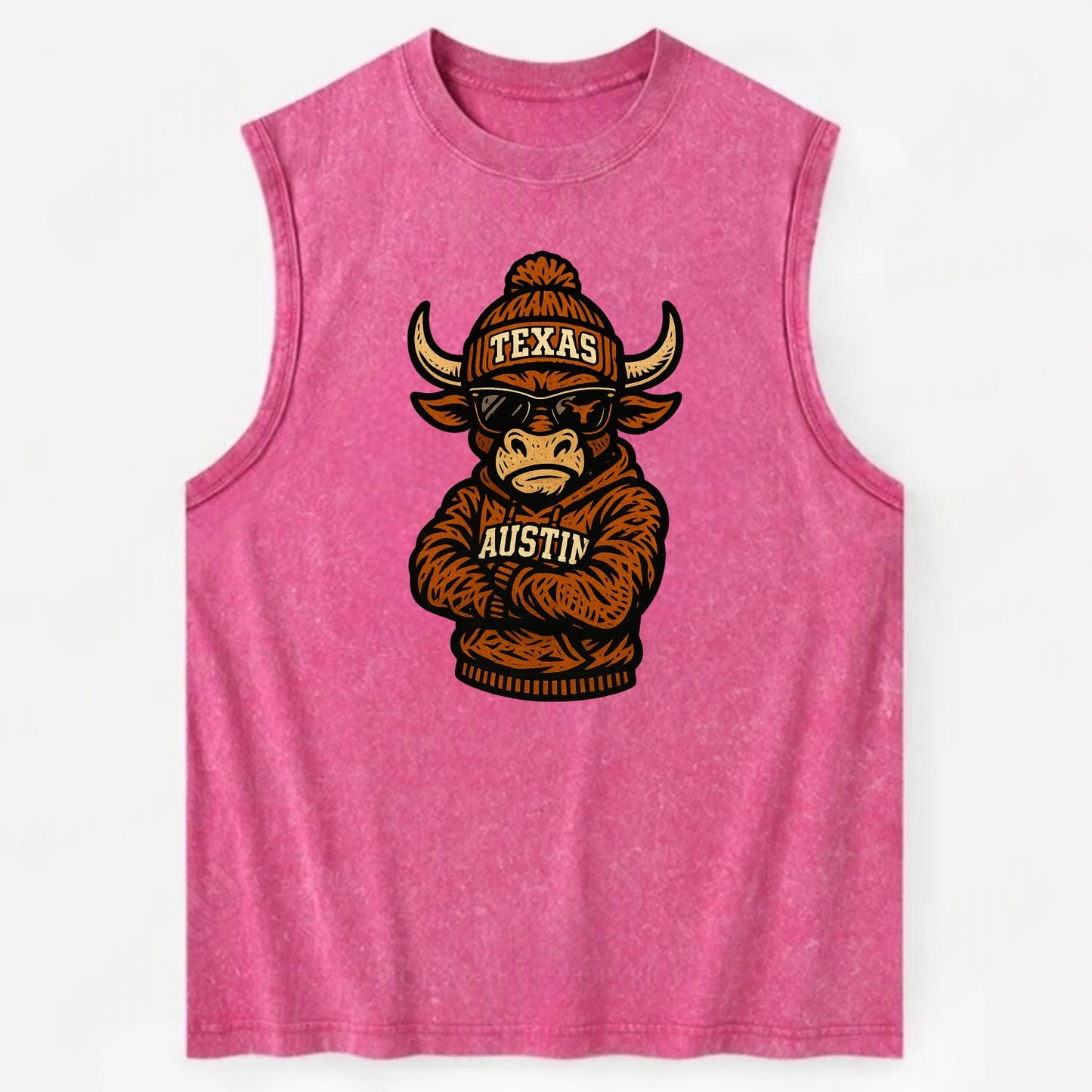 Austin Bevo wearing Texas beanie with longhorn patch - Vintage Washed Tank - Pink