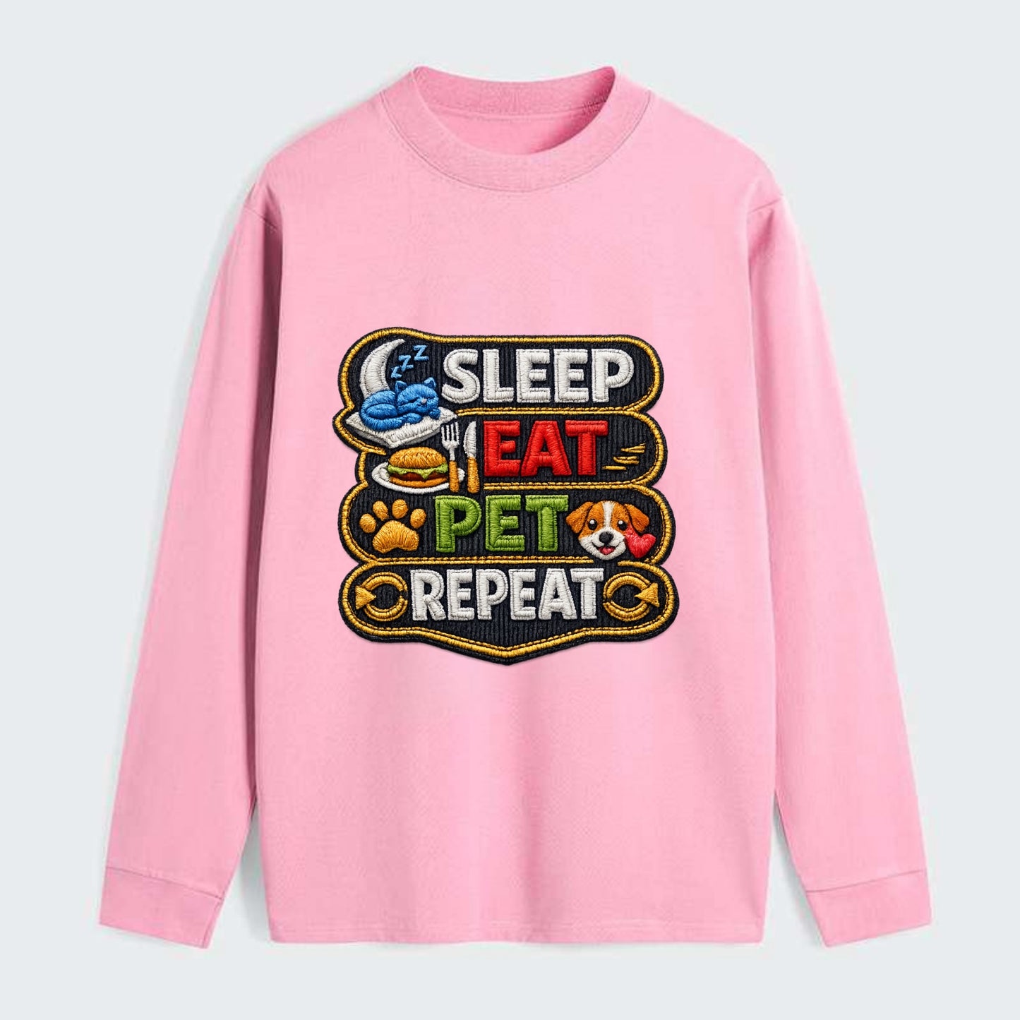 SLEEP EAT PET REPEAT - daily routine icons in multicolor , pet life - Classic Long Sleeve Shirt - Pink