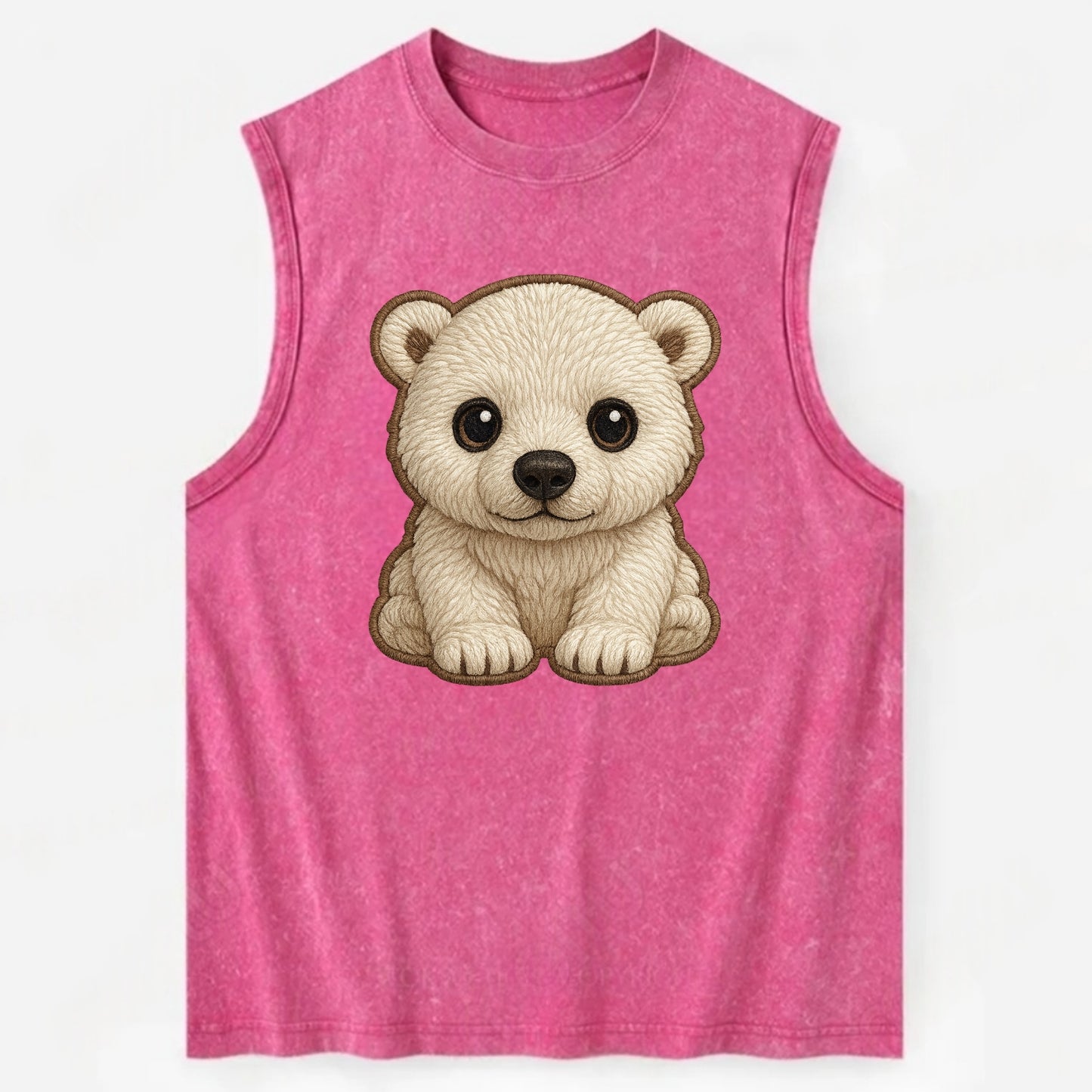 Baby Polar Bear Cub - white fluffy, black nose, dark curious eyes, - Vintage Washed Tank - Pink