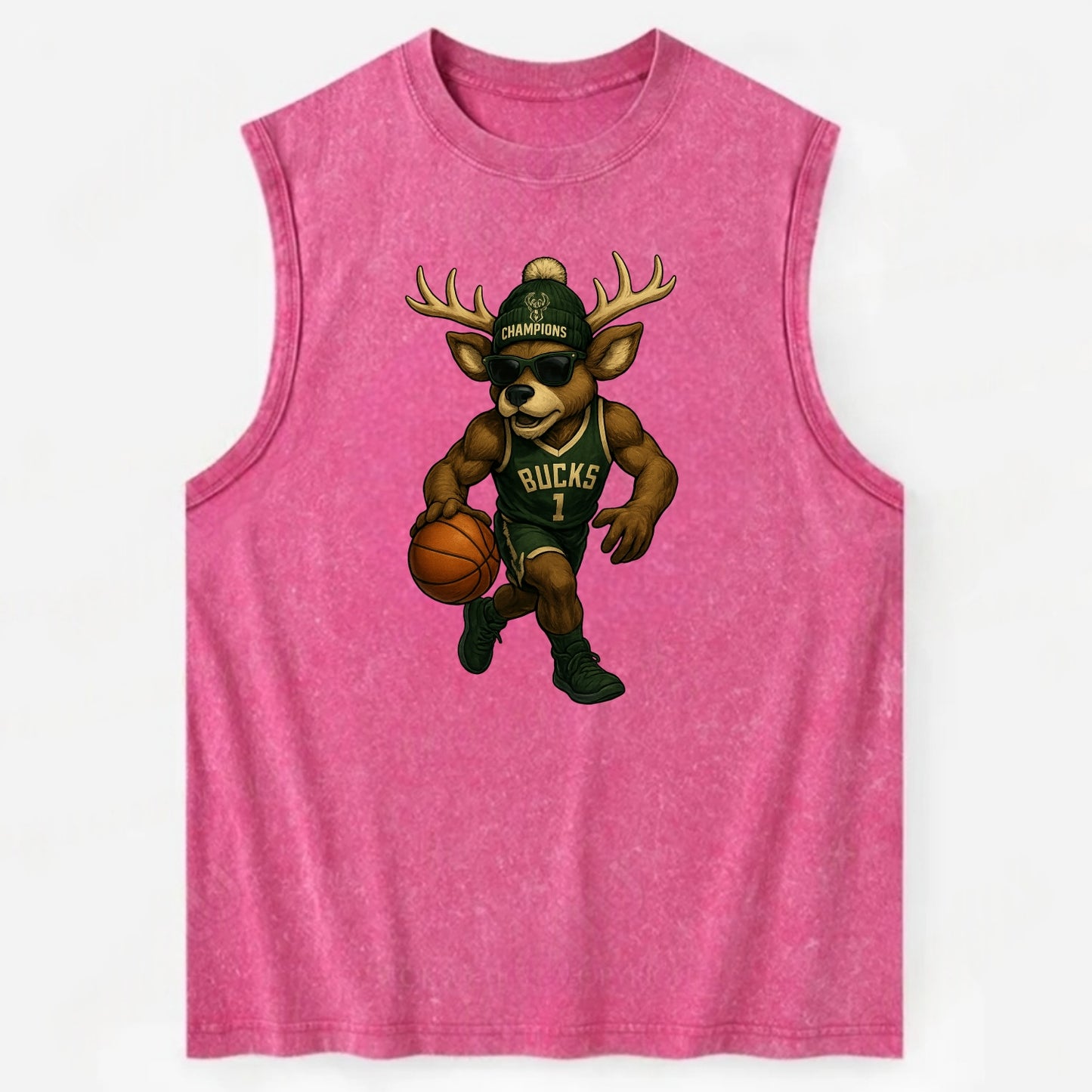 Milwaukee Buck Deer wearing Bucks green and cream beanie with antlers and - Vintage Washed Tank - Pink