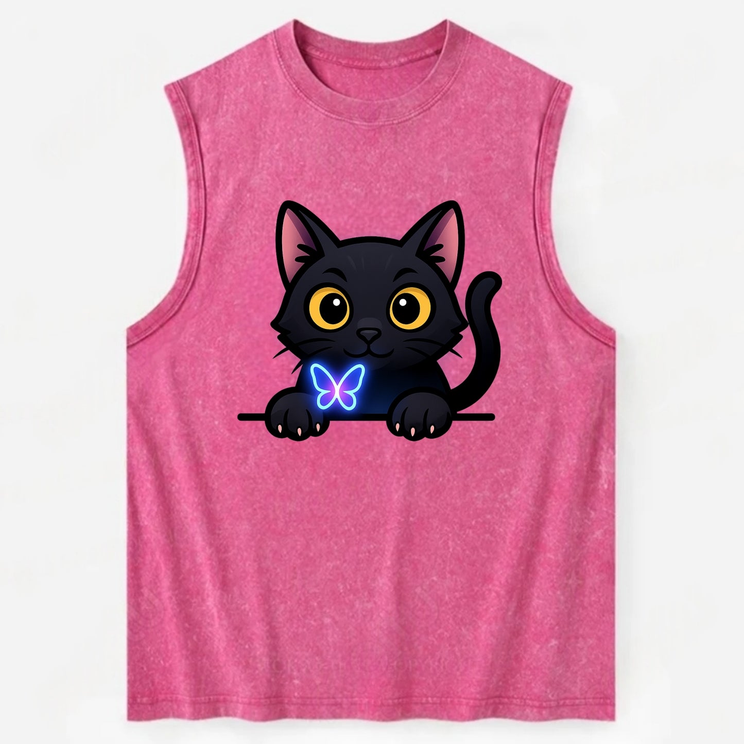 Midnight the black cat blowing a glossy bubblegum bubble while peeking. - Vintage Washed Tank - Pink