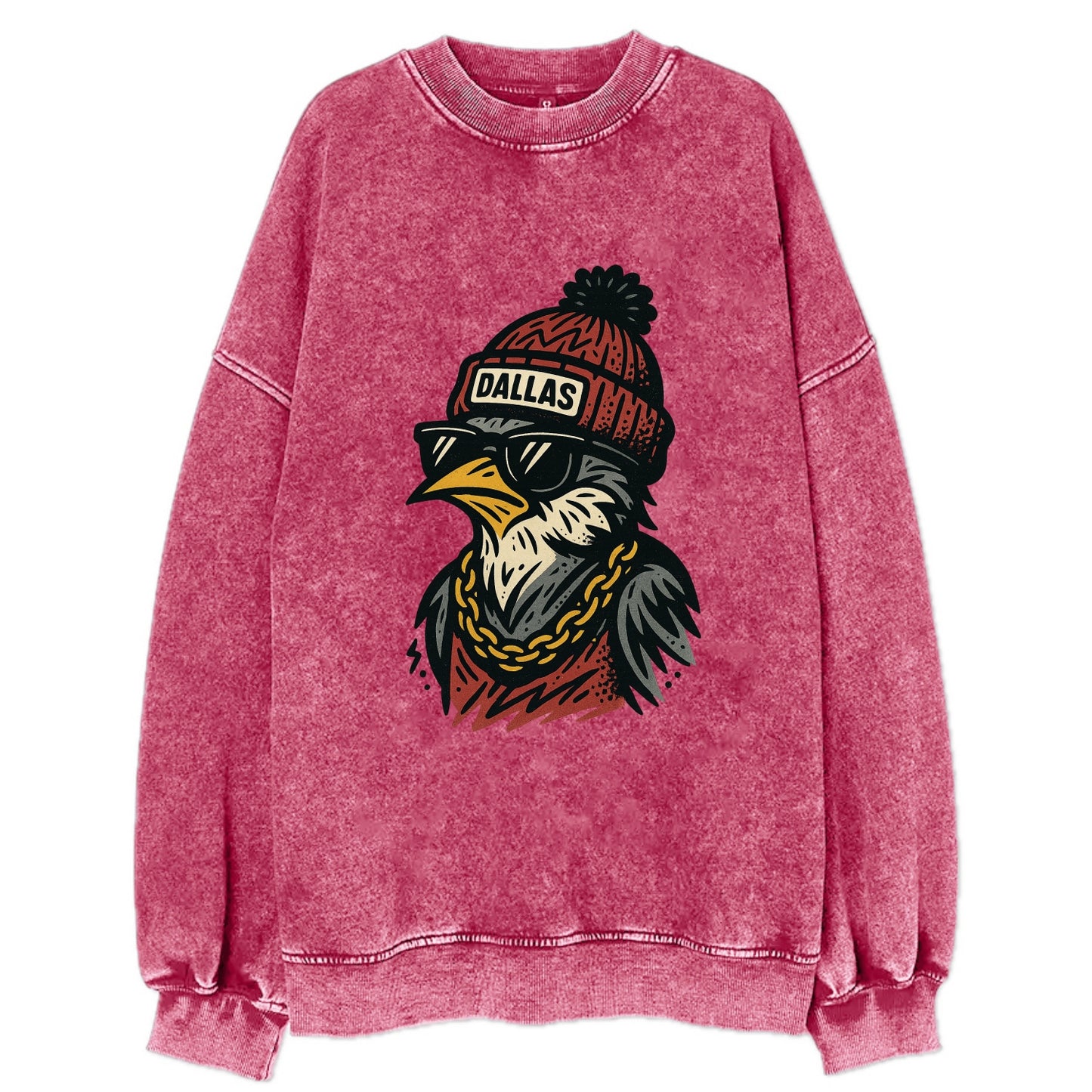 Dallas Mockingbird wearing Dallas beanie with pom pom and wayfarer sunglasses - Vintage Sweatshirt - Pink