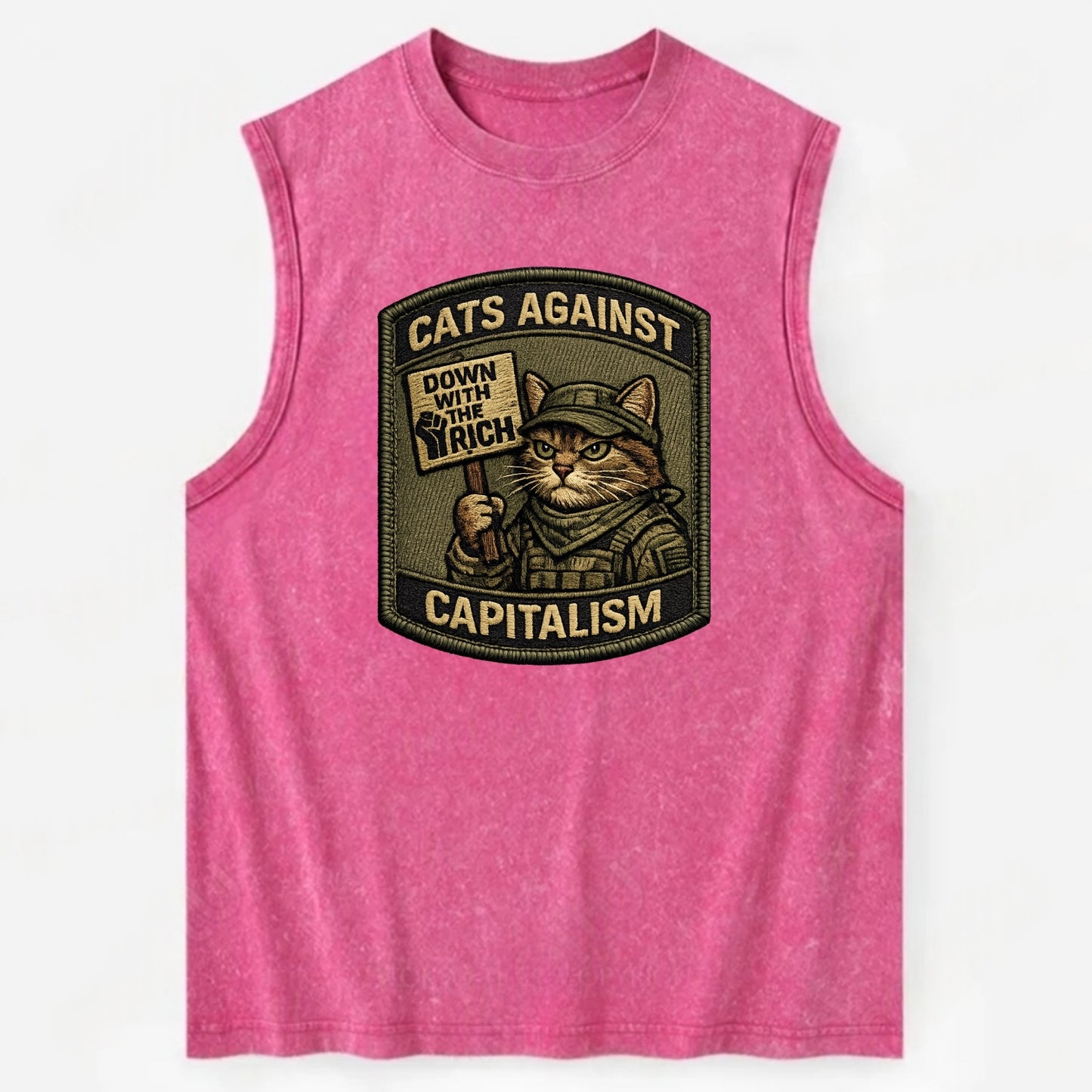 CATS AGAINST CAPITALISM - cat with protest sign in red , political cat - Vintage Washed Tank - Pink