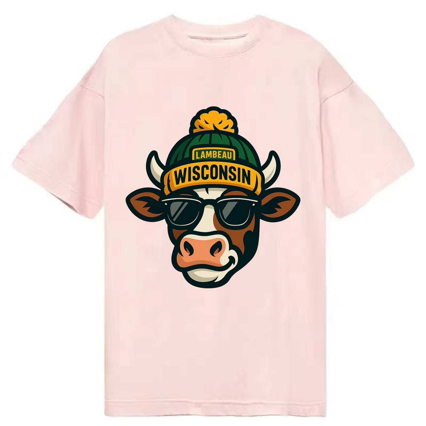Wisconsin Cow wearing Packers beanie with Lambeau patch and wayfarer sunglasses - Classic T-shirt - Pink