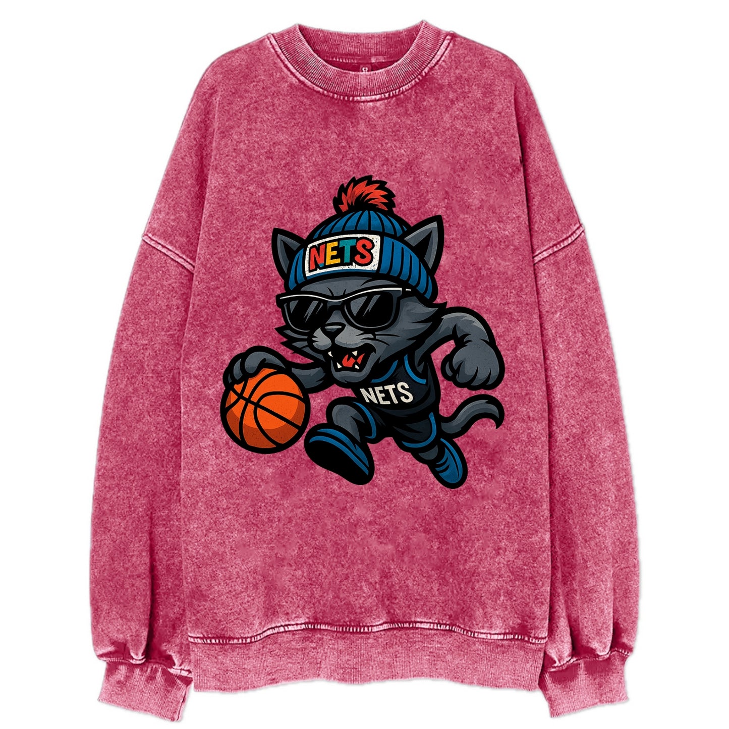 Brooklyn Cat wearing Nets beanie with street art patch and wayfarer sunglasses - Vintage Sweatshirt - Pink