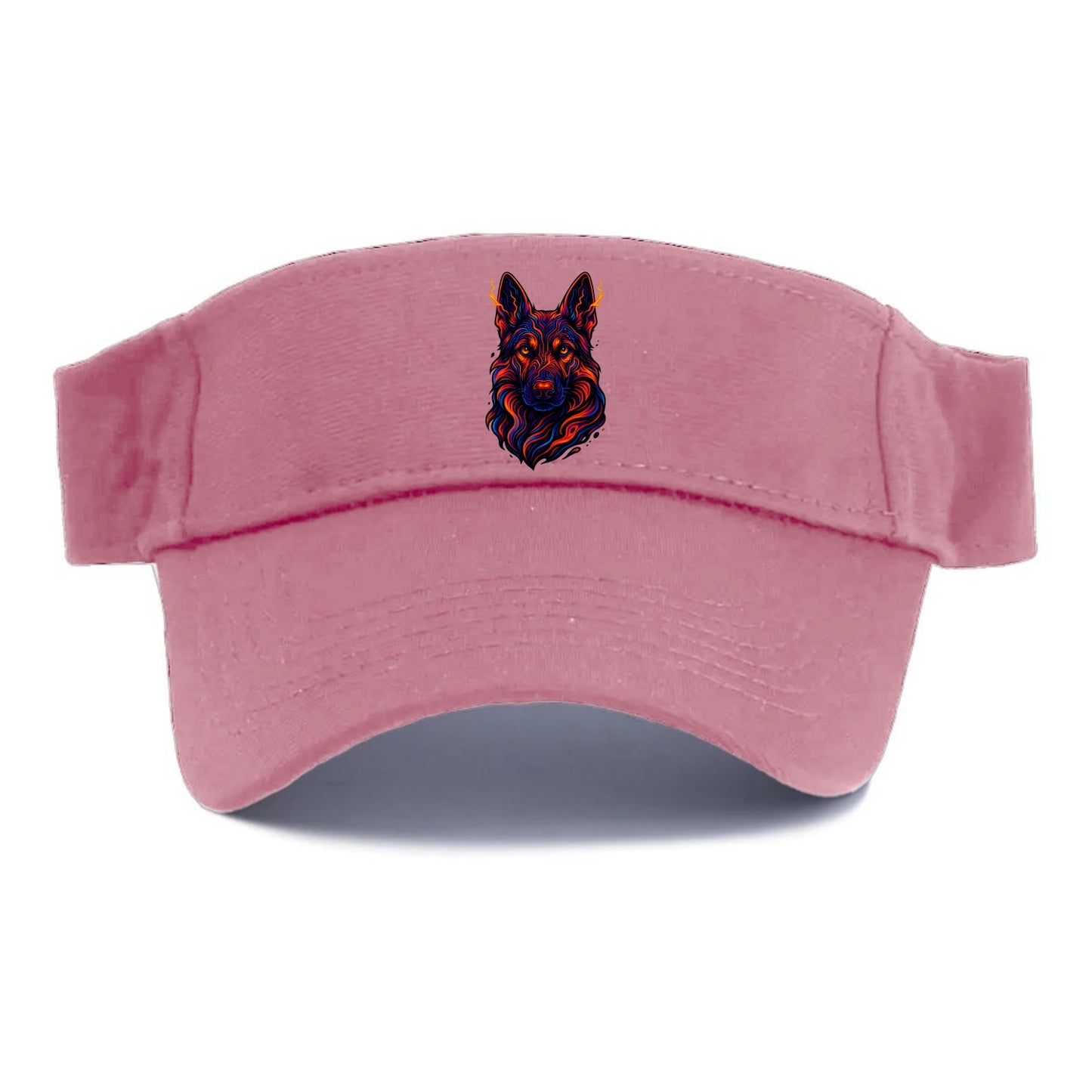 Alert German Shepherd with cyber circuit patterns in the fur, neon orange and black flows, - Visor - Pink