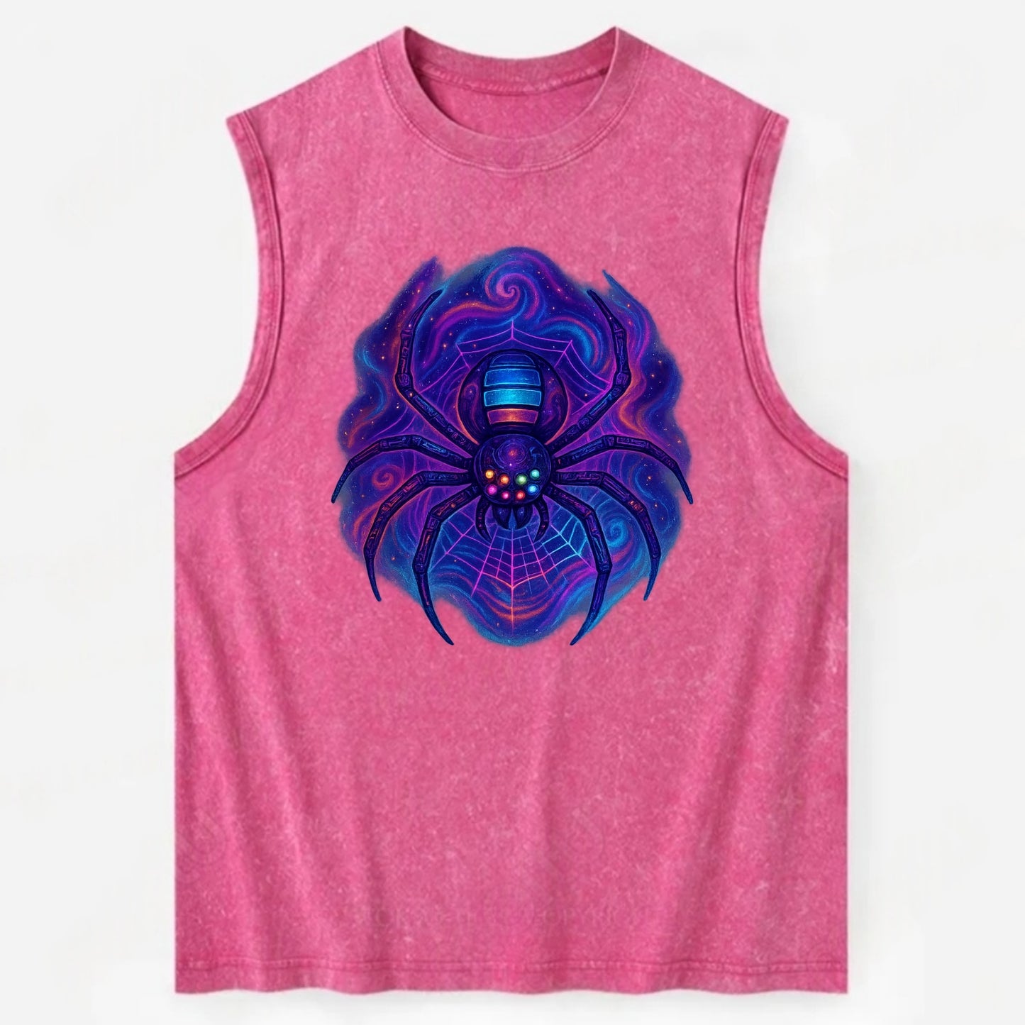 Tech spider with legs showing circuit board patterns, web glowing in neon - Vintage Washed Tank - Pink