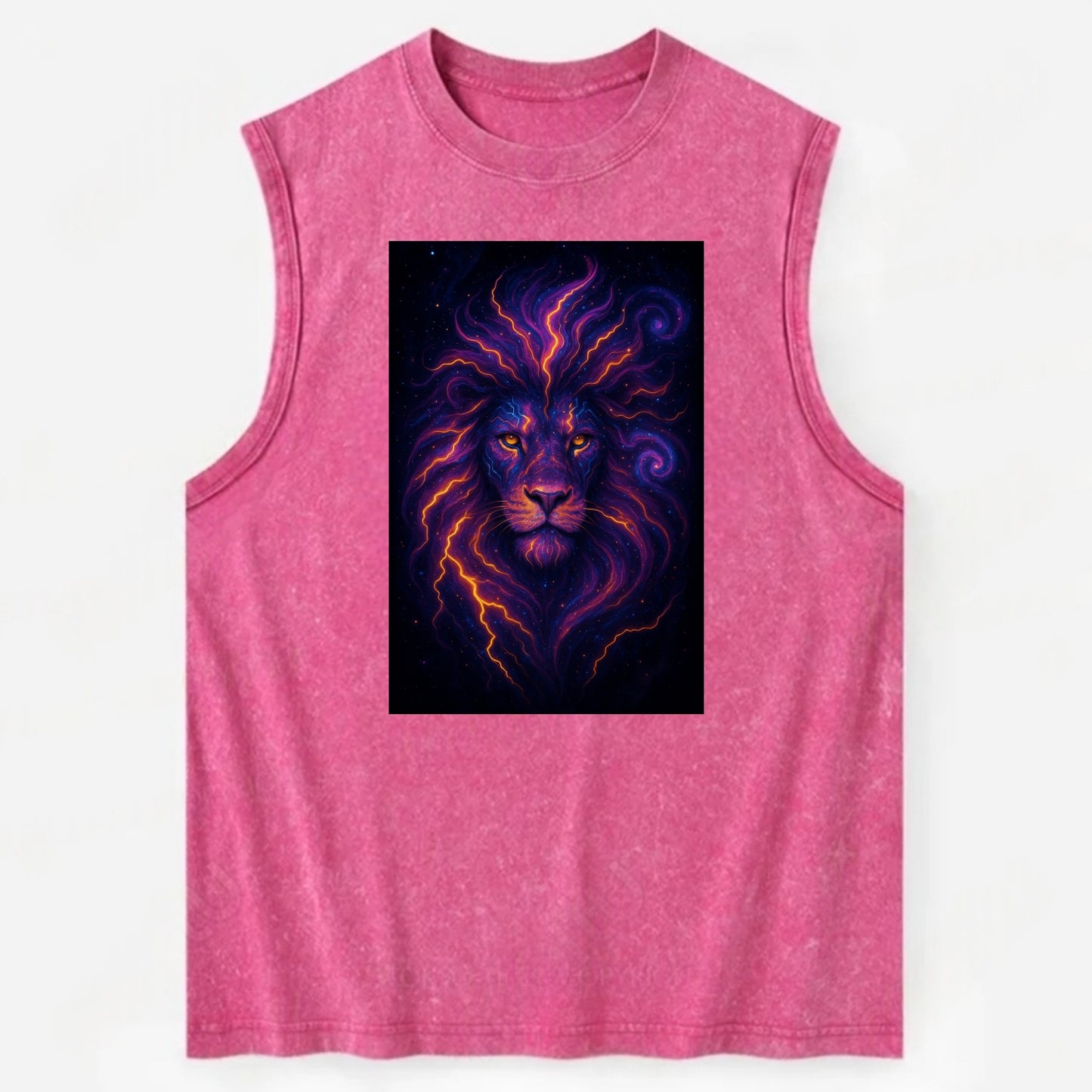 Regal lion with mane made of electric currents, neon yellow and hot pink - Vintage Washed Tank - Pink