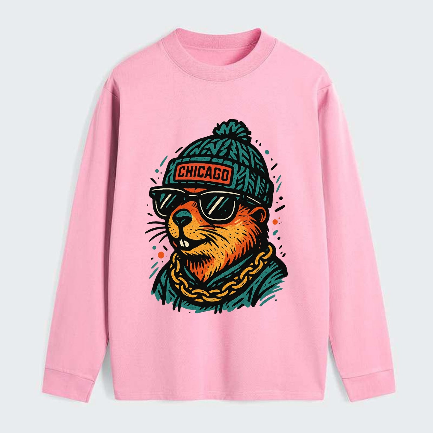 Illinois Prairie Dog wearing Chicago beanie with pom pom and wayfarer - Classic Long Sleeve Shirt - Pink