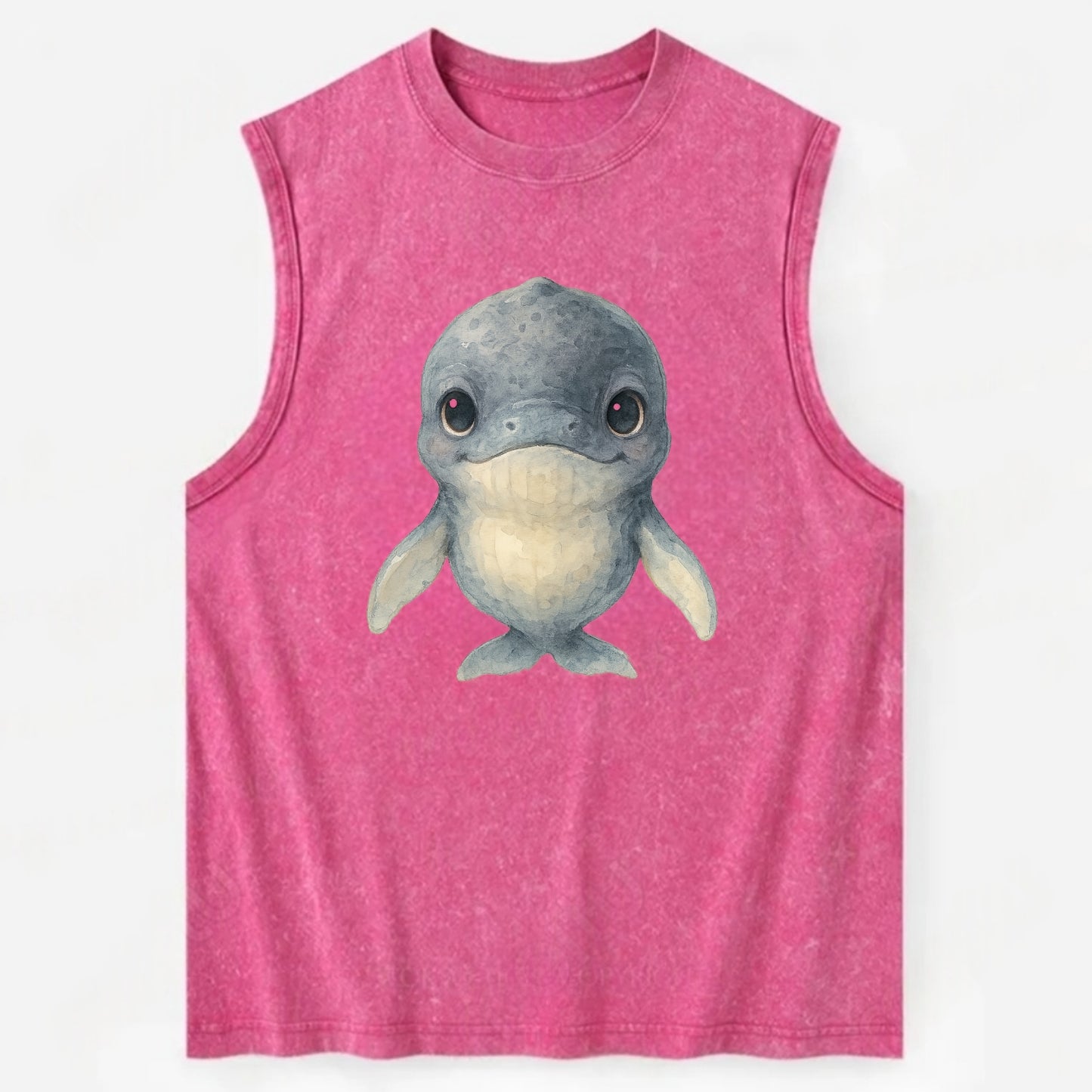 Baby Humpback Whale - dark gray with white flippers, large gentle eyes, - Vintage Washed Tank - Pink