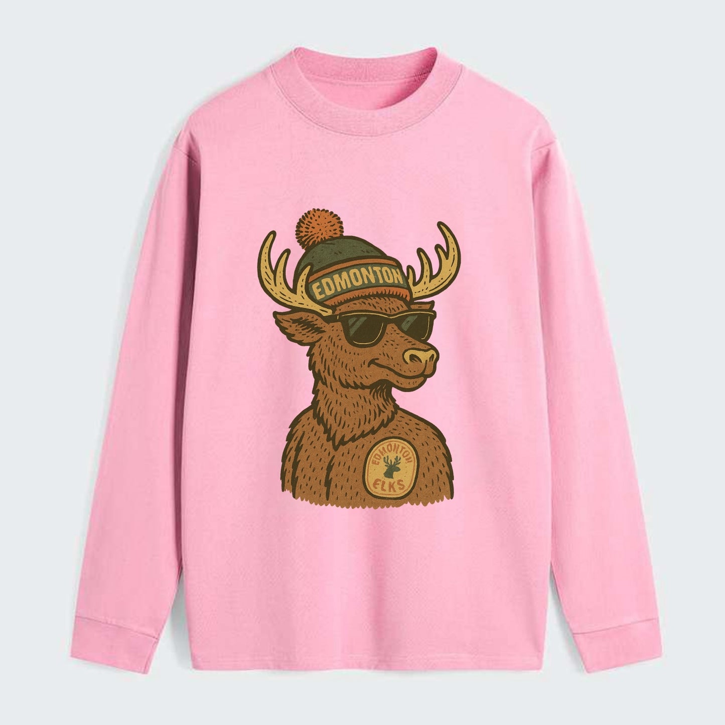 Edmonton Elk wearing Edmonton beanie with pom pom and wayfarer - Classic Long Sleeve Shirt - Pink