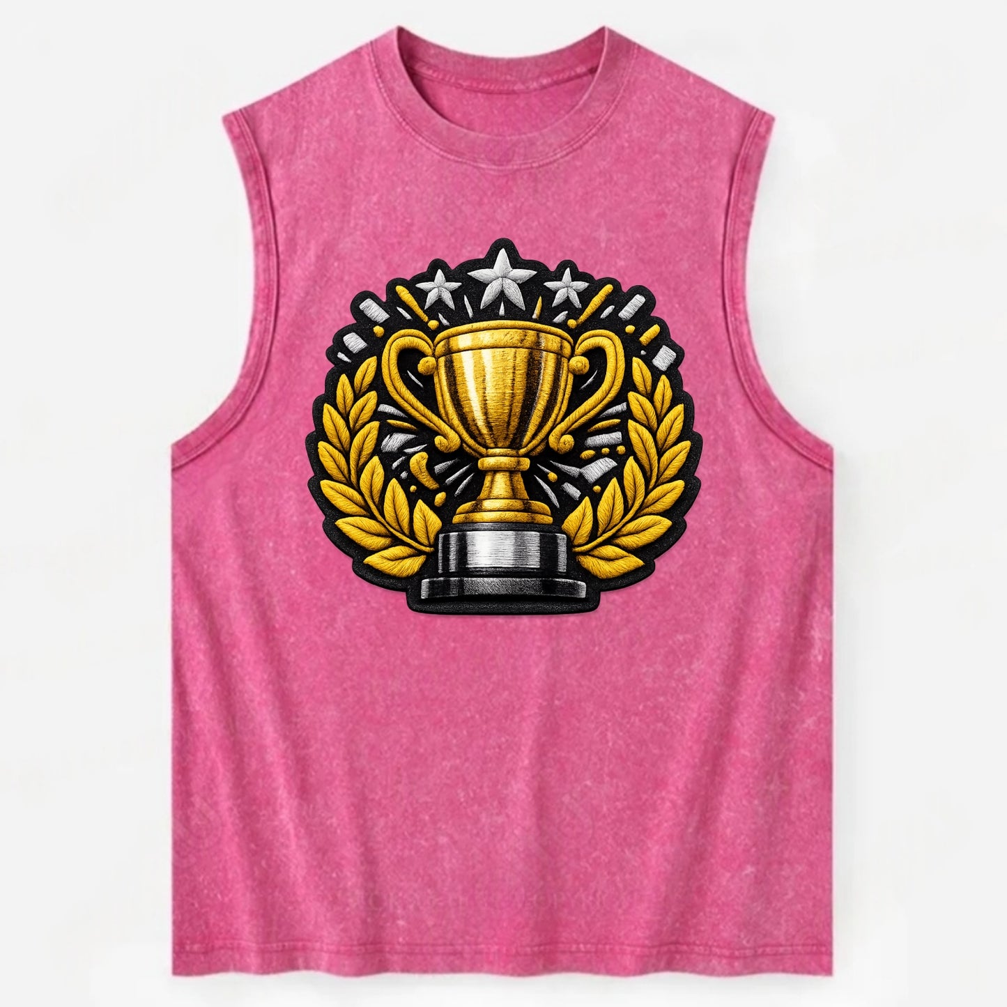 Embroidered patch design - CHAMPIONSHIP TROPHY - golden trophy cup with - Vintage Washed Tank - Pink