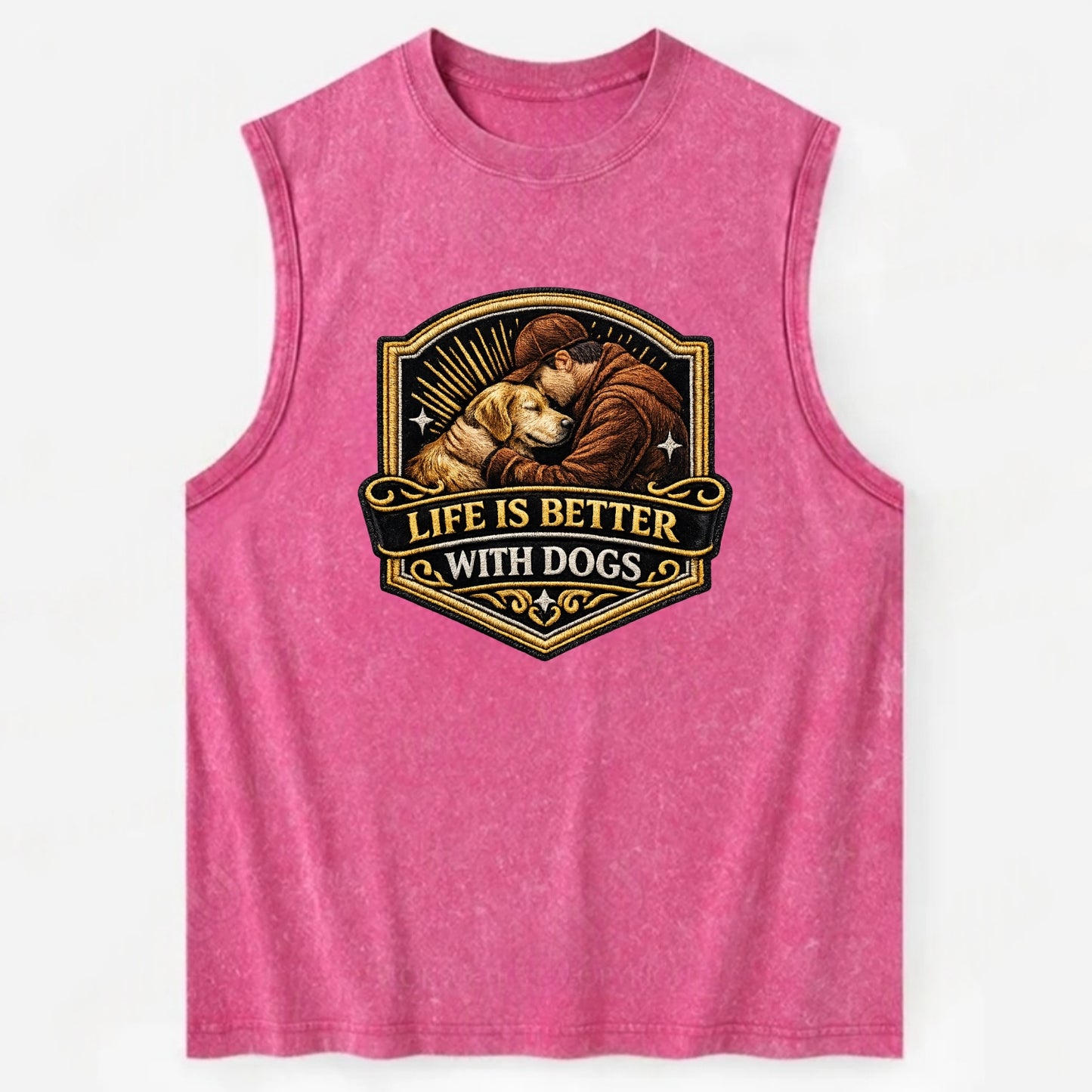 LIFE IS BETTER WITH DOGS - dog and human in brown , dog lover - Vintage Washed Tank - Pink
