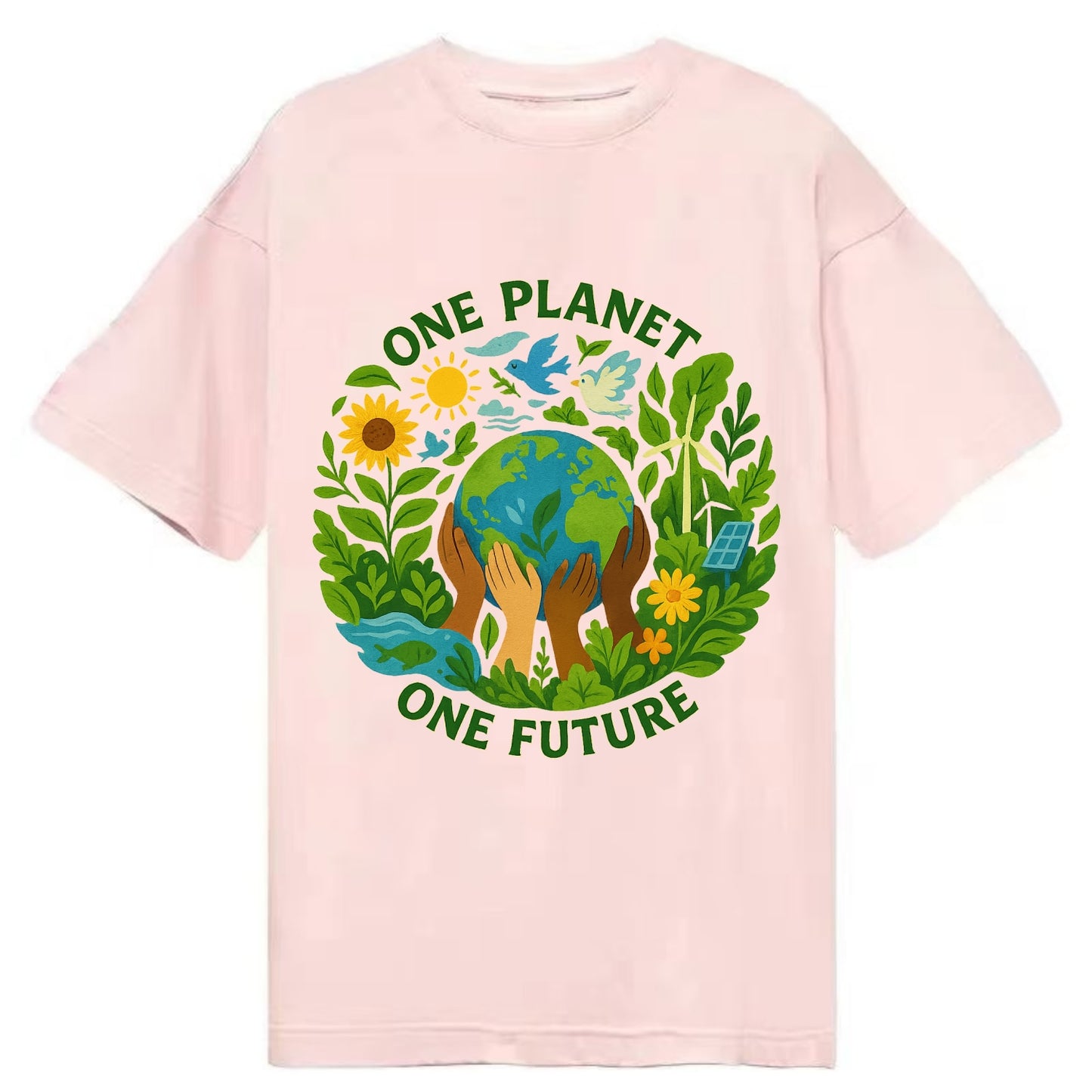 Globe surrounded by hands of all colors working together - "One Planet, One - Classic T-shirt - Pink