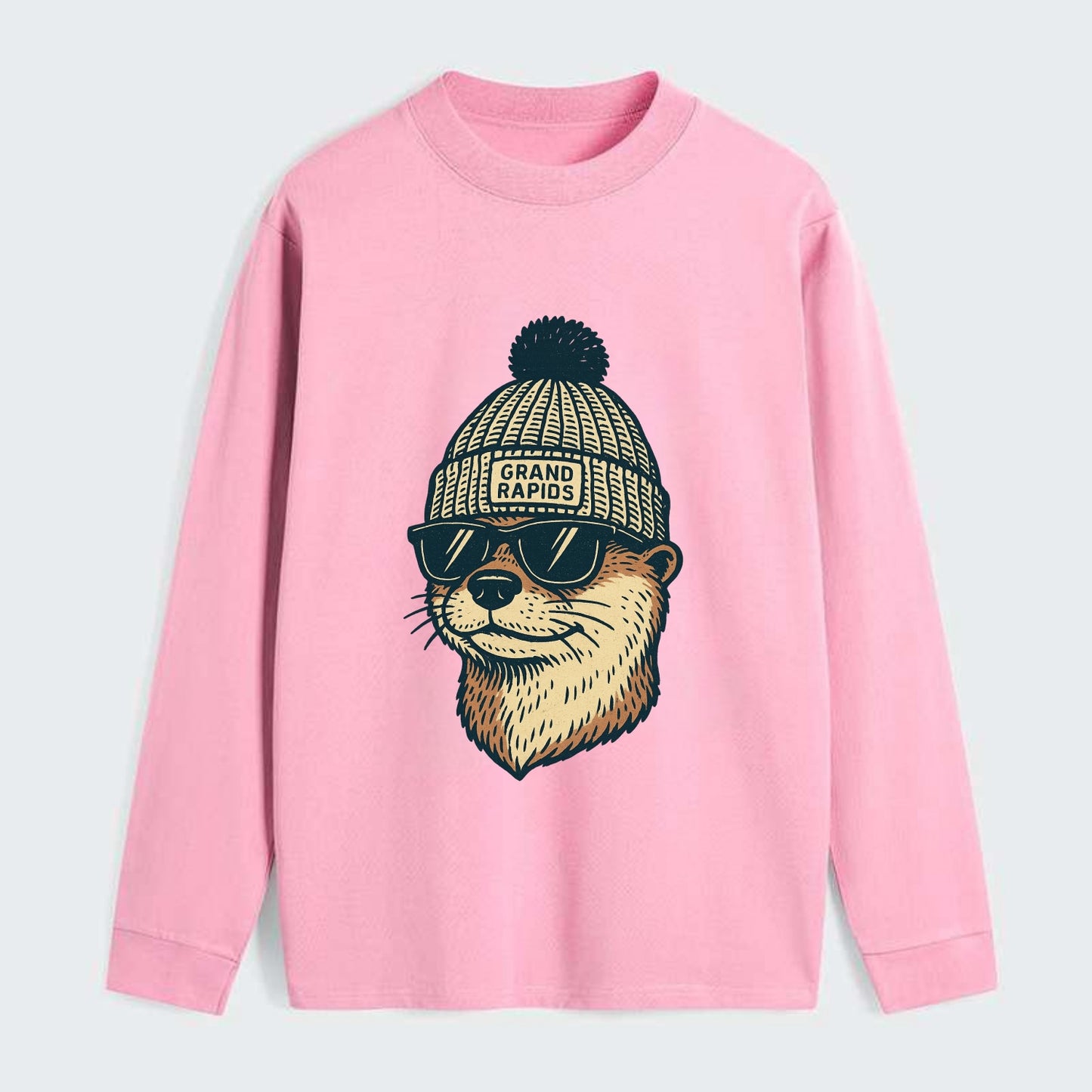 Grand Rapids River Otter wearing Grand Rapids beanie with pom pom and - Classic Long Sleeve Shirt - Pink