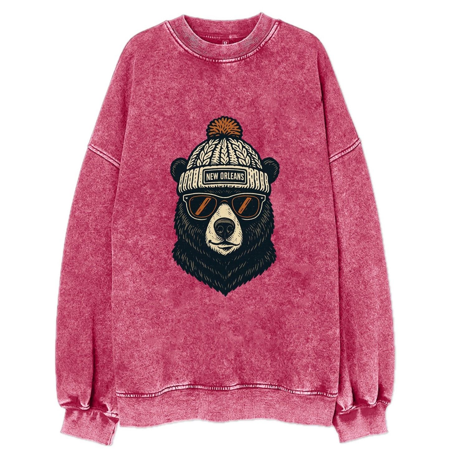 Louisiana Black Bear wearing New Orleans beanie with pom pom and wayfarer - Vintage Sweatshirt - Pink