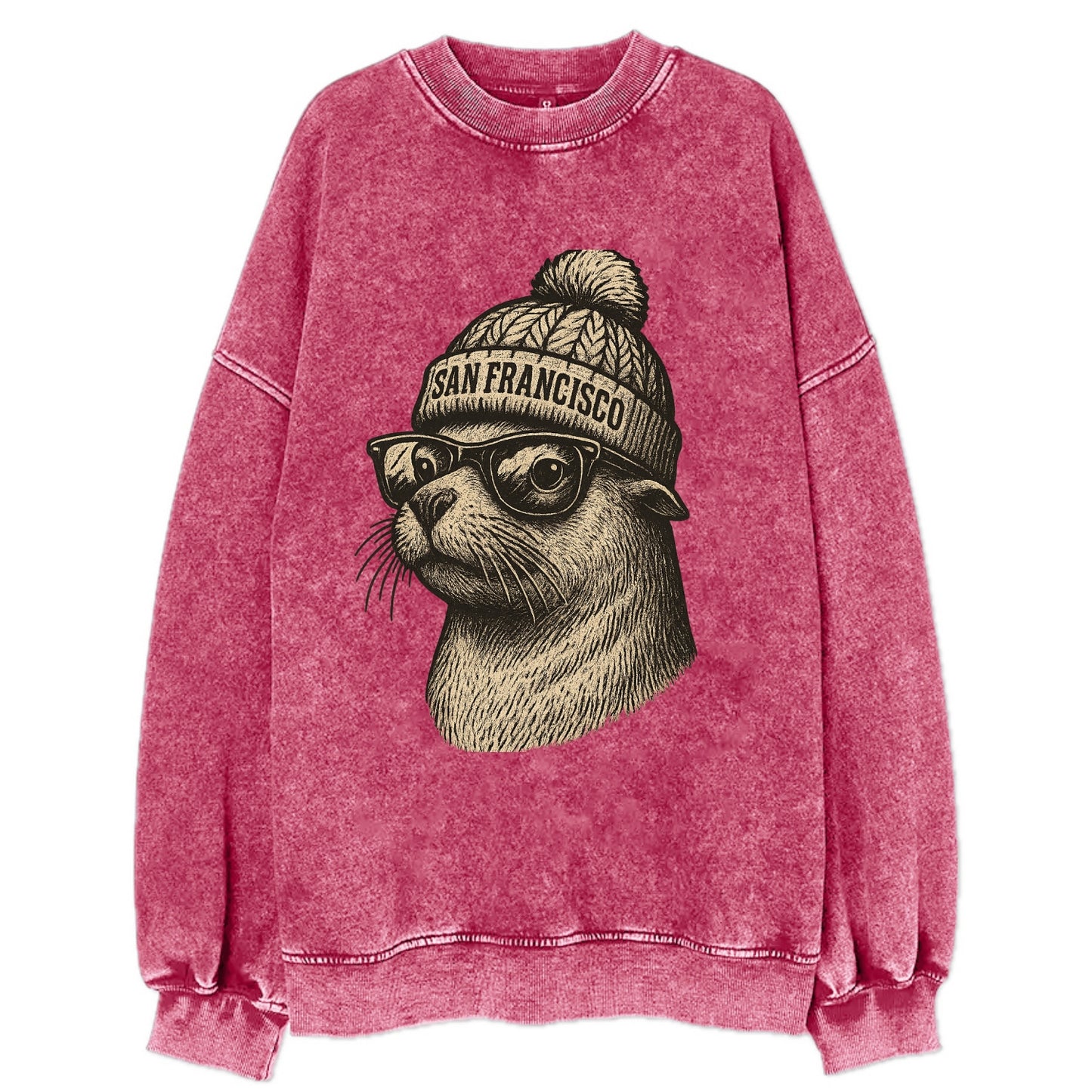San Francisco Sea Lion wearing San Francisco beanie with pom pom and wayfarer - Vintage Sweatshirt - Pink