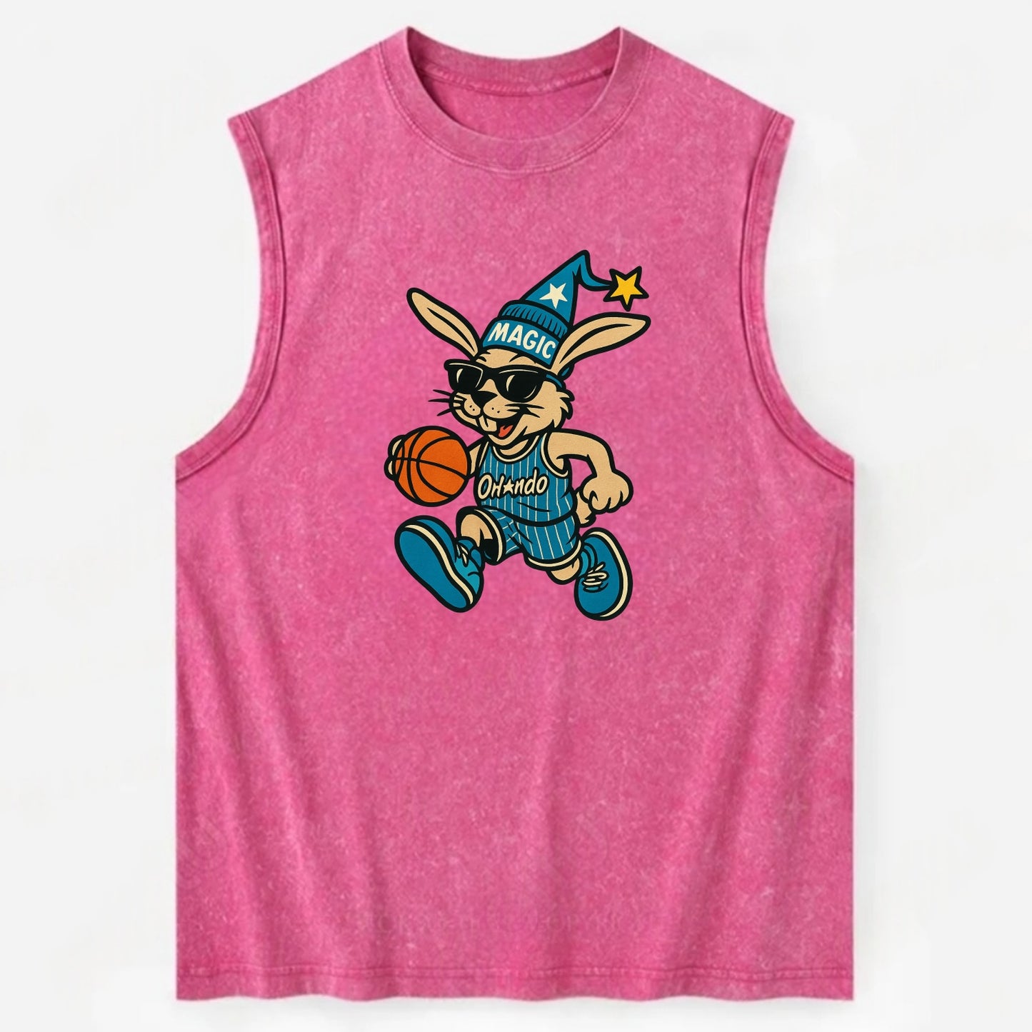 Orlando Rabbit wearing Magic blue and silver beanie with wizard hat and - Vintage Washed Tank - Pink