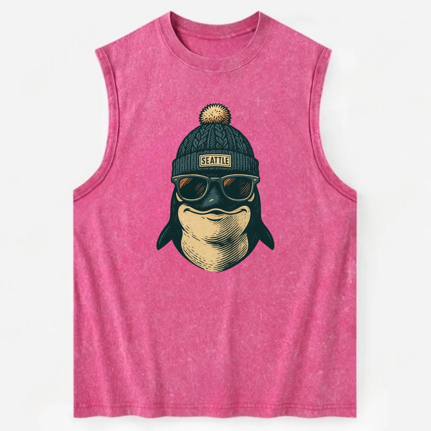 Washington Orca wearing Seattle beanie with pom pom and wayfarer sunglasses - Vintage Washed Tank - Pink