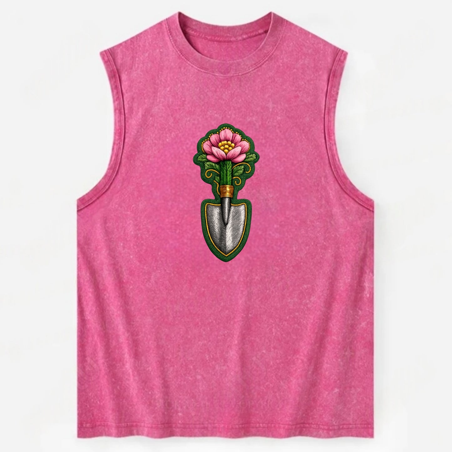 Embroidered patch design - GARDENING TROWEL FLOWER - garden tool with - Vintage Washed Tank - Pink