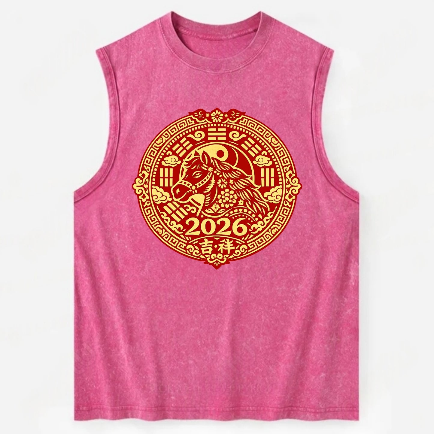 LUCKY HORSE MEDALLION | Circular medallion with horse profile | Intricate - Vintage Washed Tank - Pink
