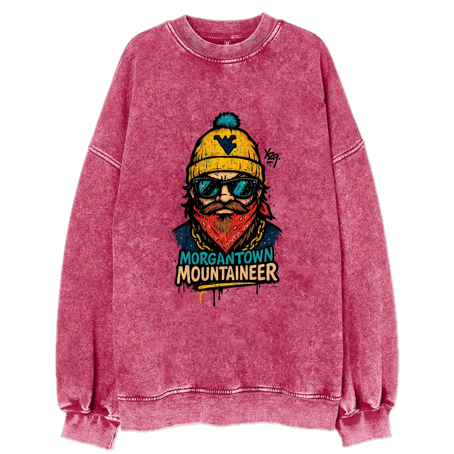 Morgantown Mountaineer wearing West Virginia beanie with WV patch - Vintage Sweatshirt - Pink
