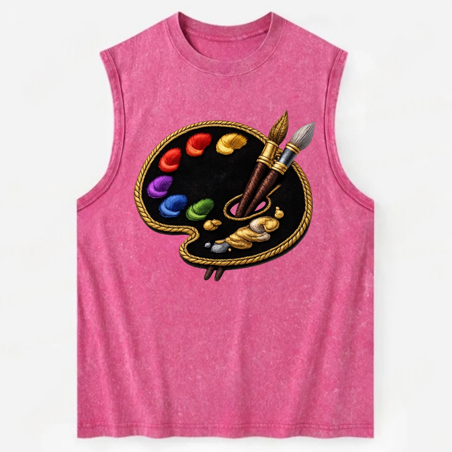 PAINT PALETTE - artist palette with brushes in rainbow and brown , creative - Vintage Washed Tank - Pink