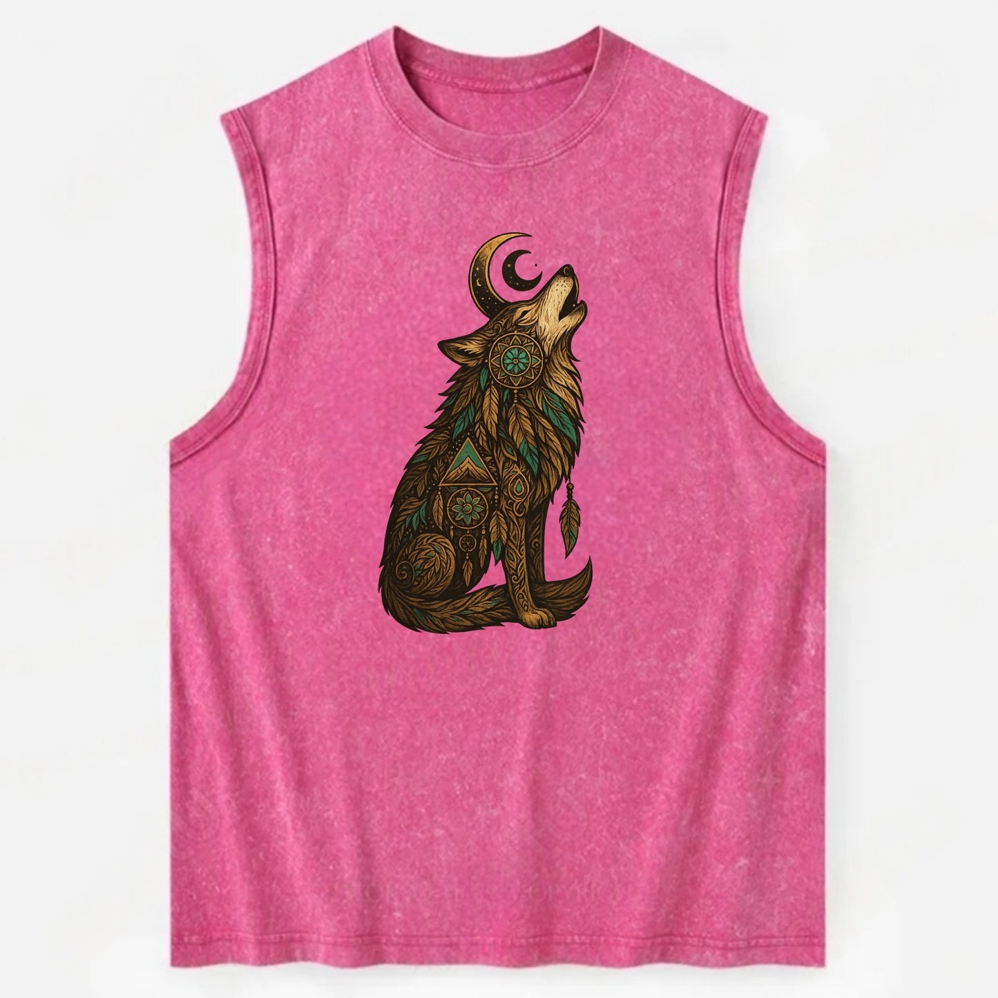 Celestial Moon Wolf - Vintage Washed Tank - Pink