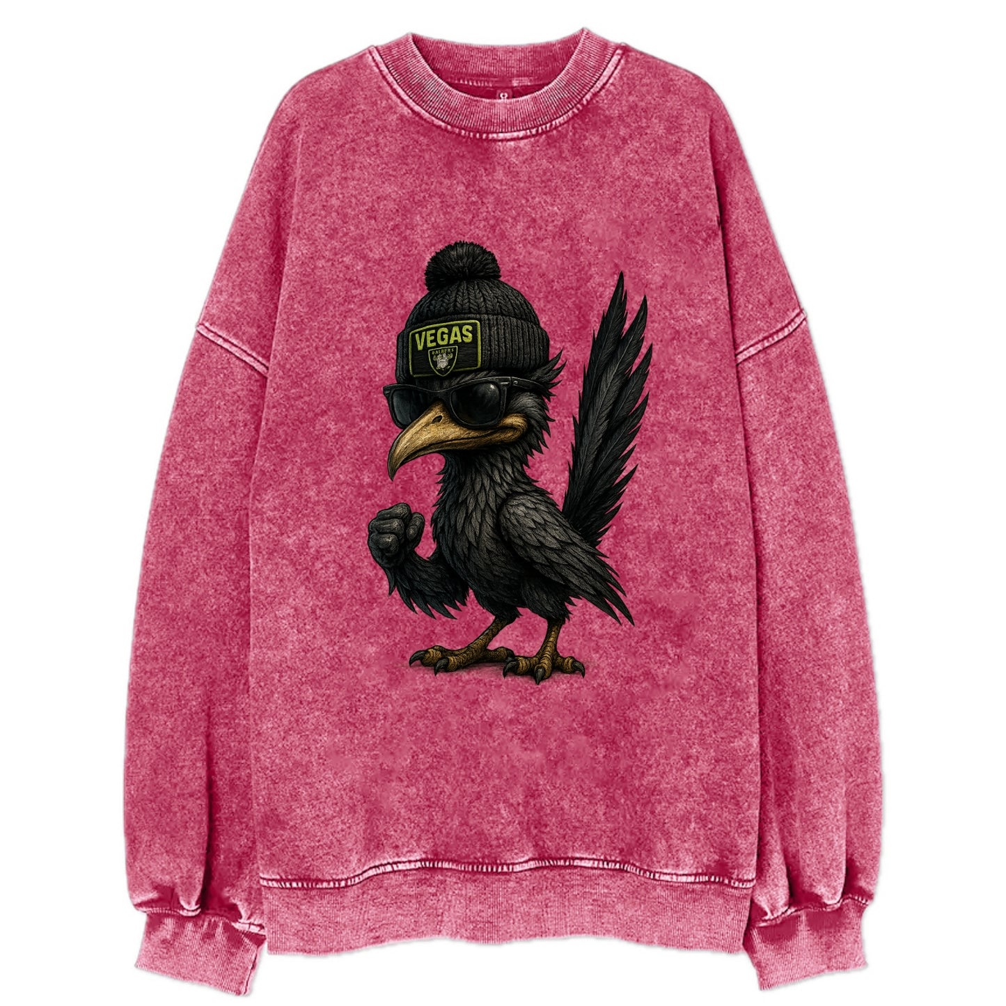 Vegas Roadrunner wearing Raiders beanie with neon patch and wayfarer sunglasses - Vintage Sweatshirt - Pink