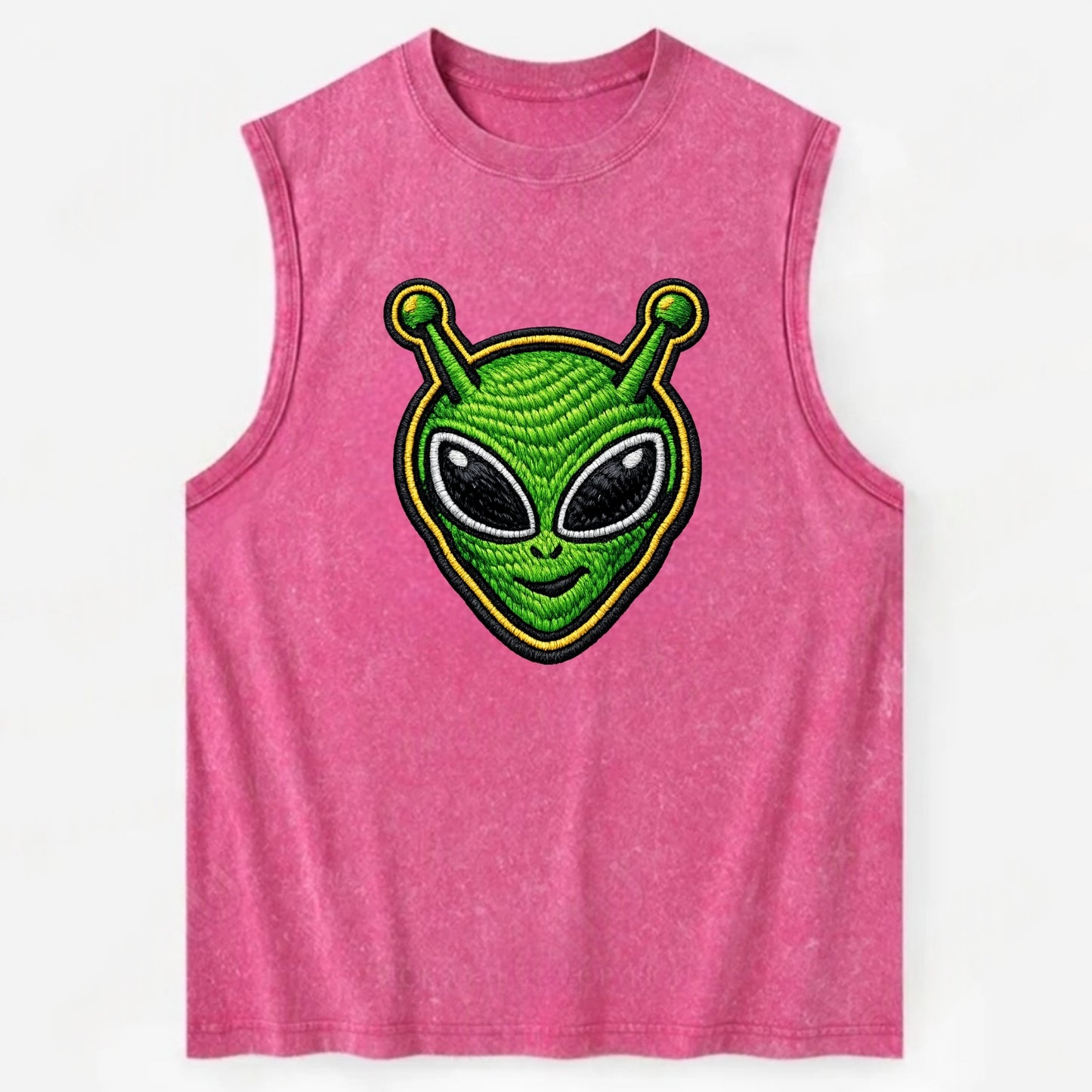 ALIEN MARTIAN - green alien with antenna in green , little green man - Vintage Washed Tank - Pink