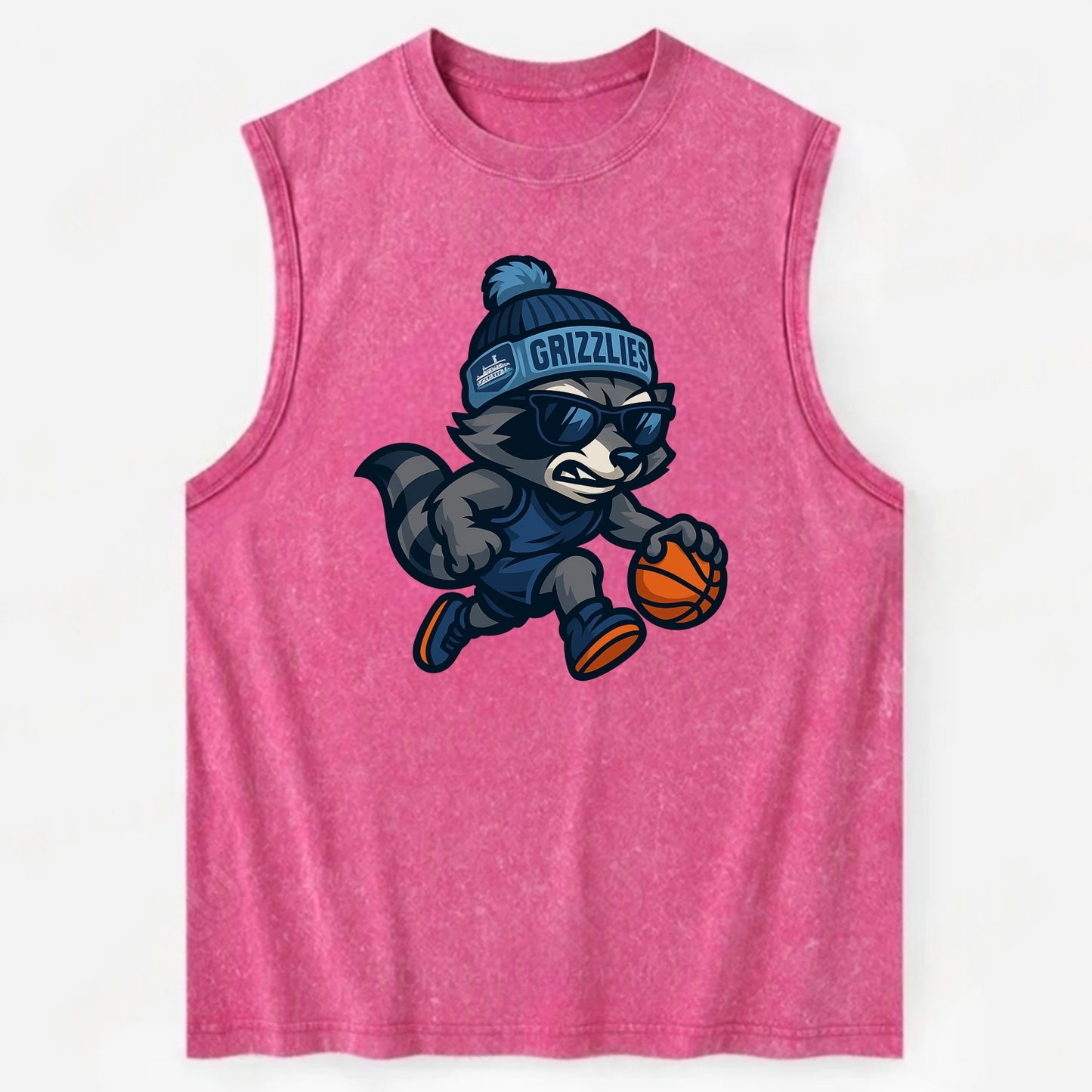 Memphis Raccoon wearing Grizzlies beanie with riverboat patch and wayfarer - Vintage Washed Tank - Pink