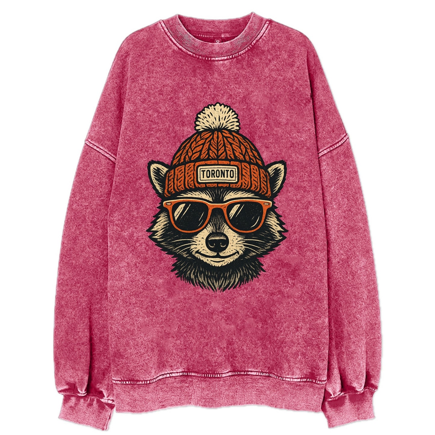 Toronto Raccoon wearing Toronto beanie with pom pom and wayfarer sunglasses - Vintage Sweatshirt - Pink