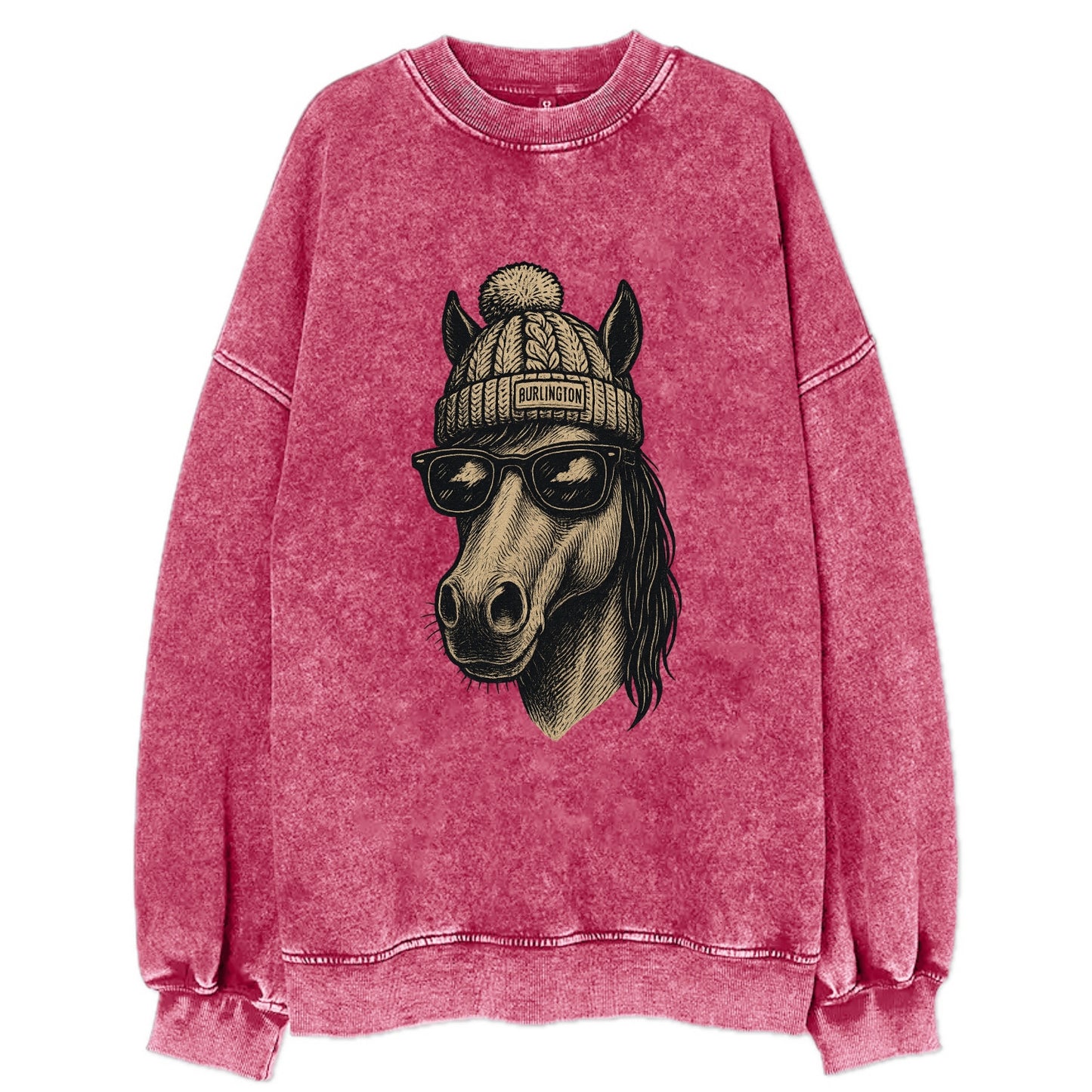 Vermont Morgan Horse wearing Burlington beanie with pom pom and wayfarer - Vintage Sweatshirt - Pink