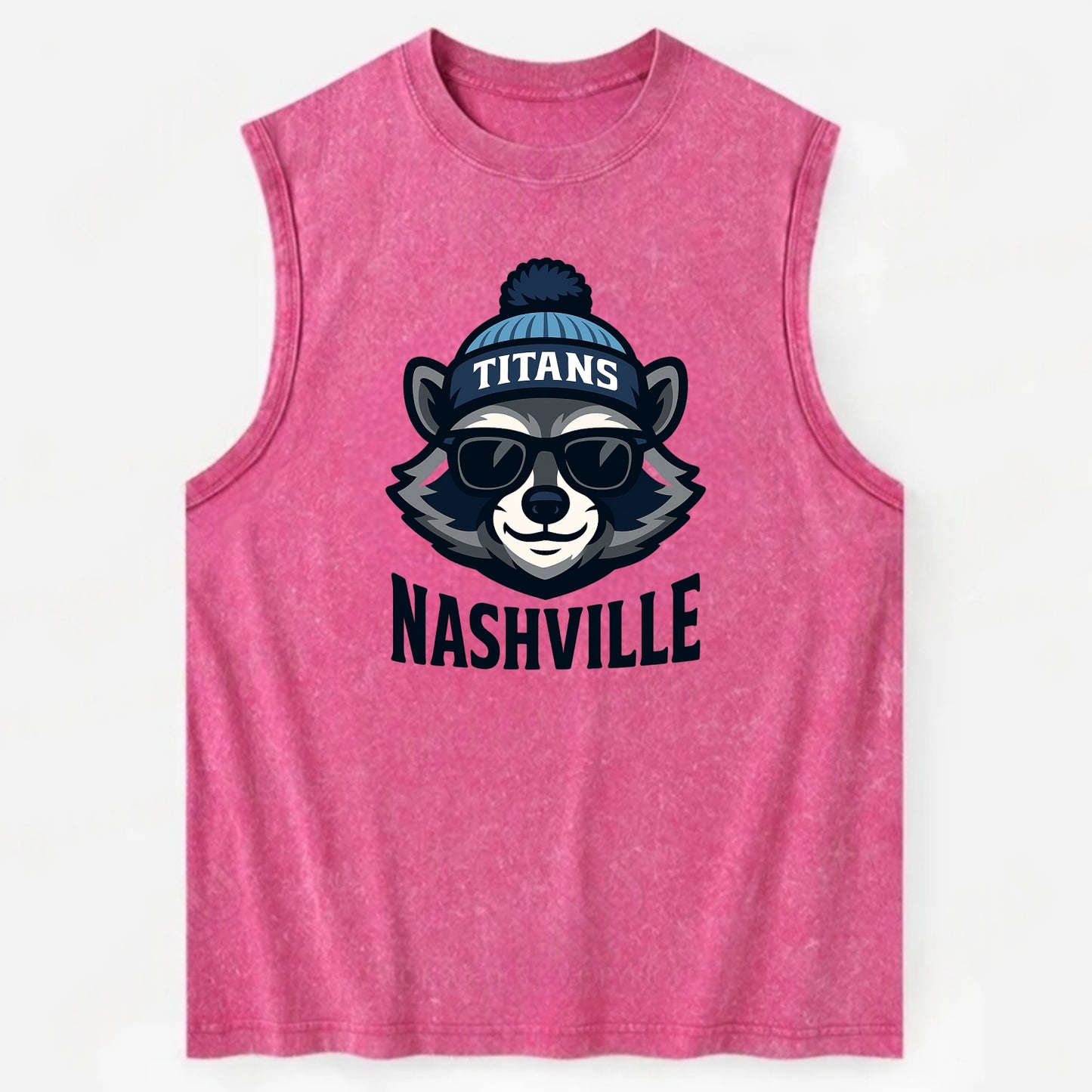 Nashville Raccoon wearing Titans navy and light blue beanie with pom pom and - Vintage Washed Tank - Pink
