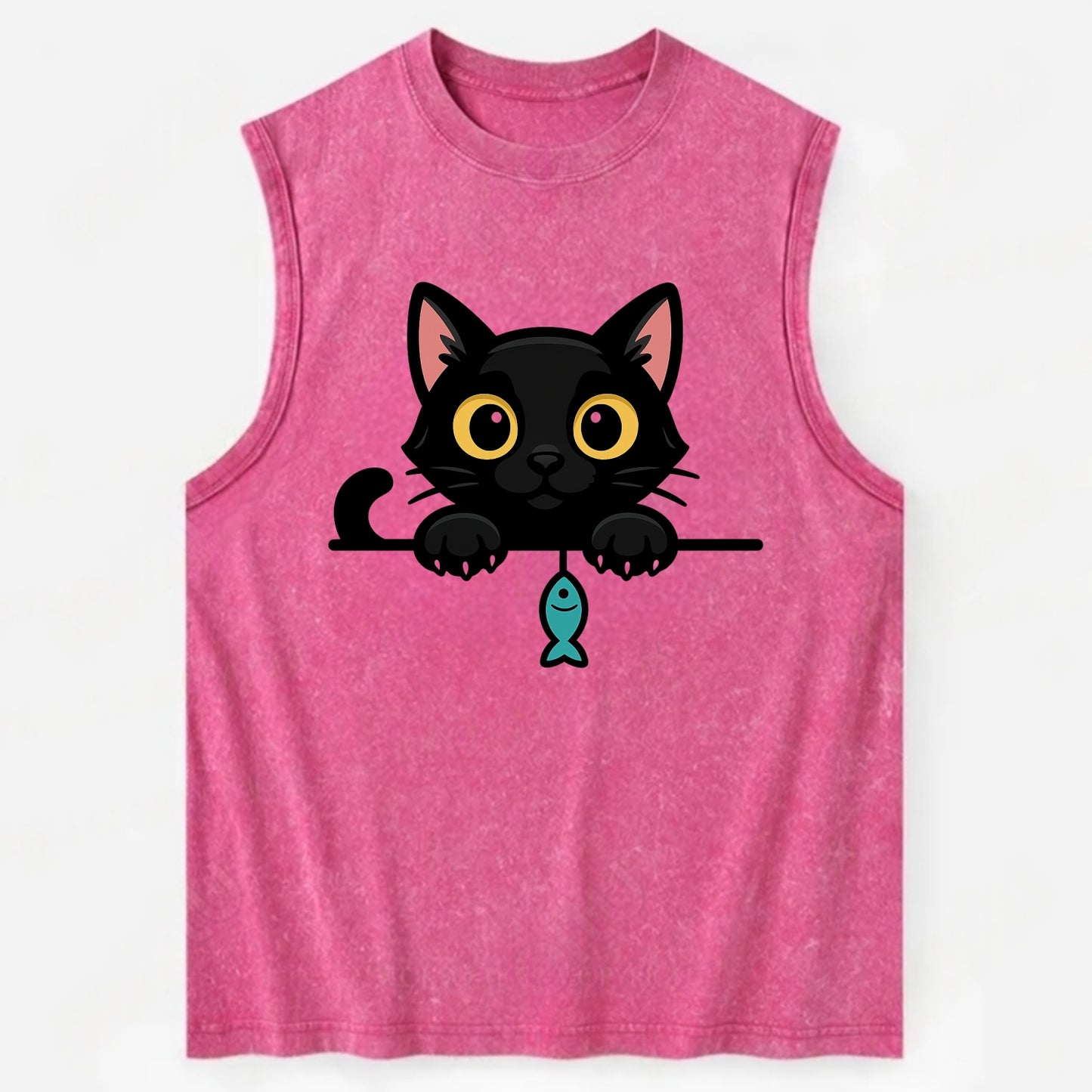Midnight the black cat holding a tiny yarn ball between both paws while - Vintage Washed Tank - Pink