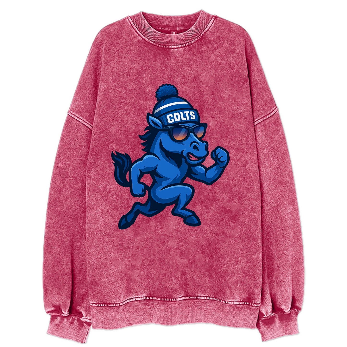 Indianapolis Colt Horse wearing Colts blue and white beanie with pom pom and - Vintage Sweatshirt - Pink