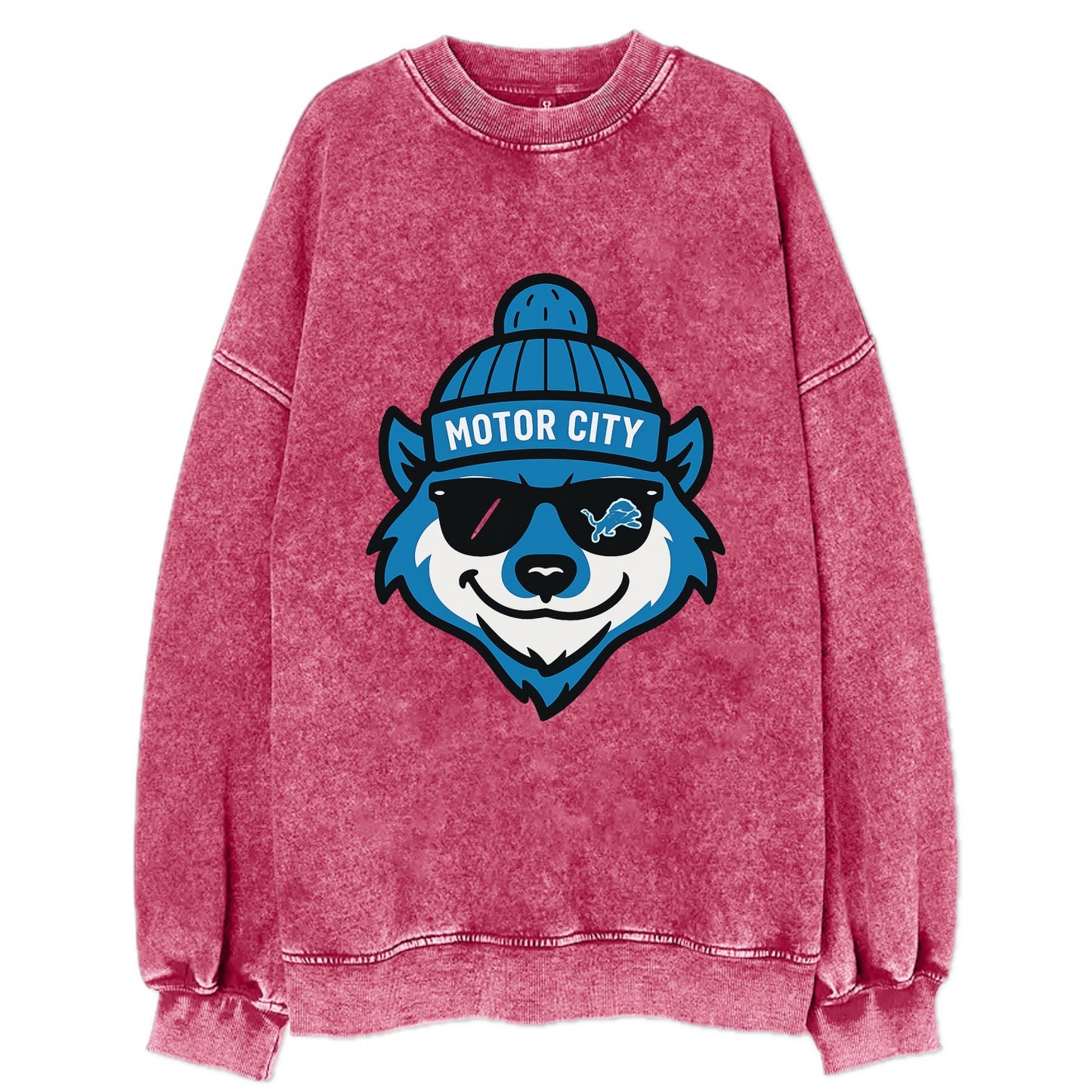 Motor City Wolverine wearing Lions beanie with gear patch and wayfarer - Vintage Sweatshirt - Pink
