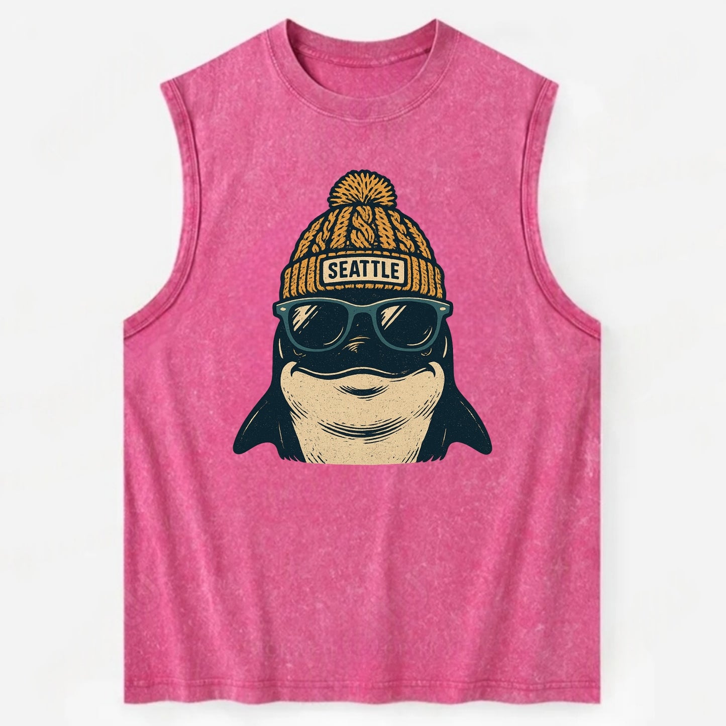 Seattle Orca wearing Seattle beanie with pom pom and wayfarer sunglasses - Vintage Washed Tank - Pink