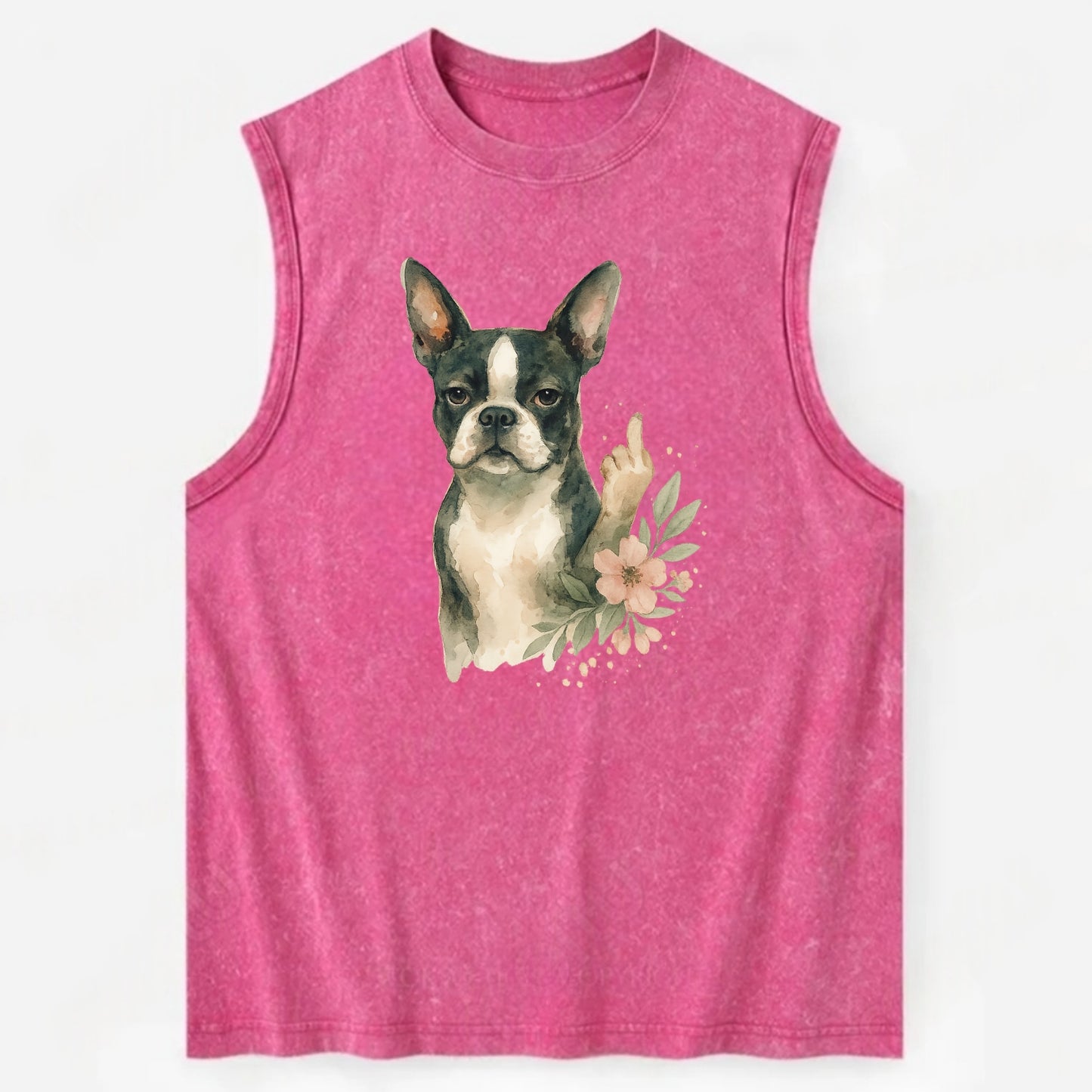 Boston Terrier with tuxedo markings, perky ears, paw up giving sass - Vintage Washed Tank - Pink