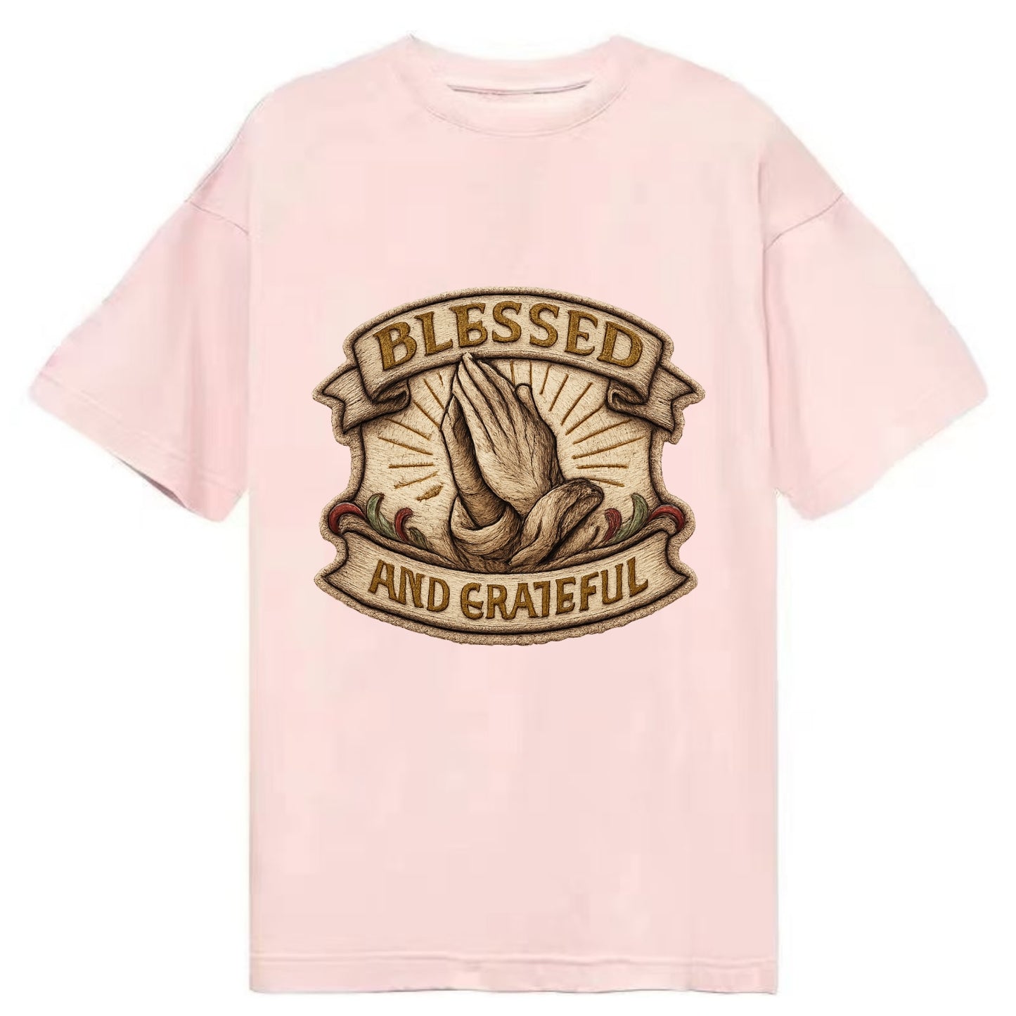 BLESSED AND GRATEFUL - praying hands with text in gold , thankful - Classic T-shirt - Pink