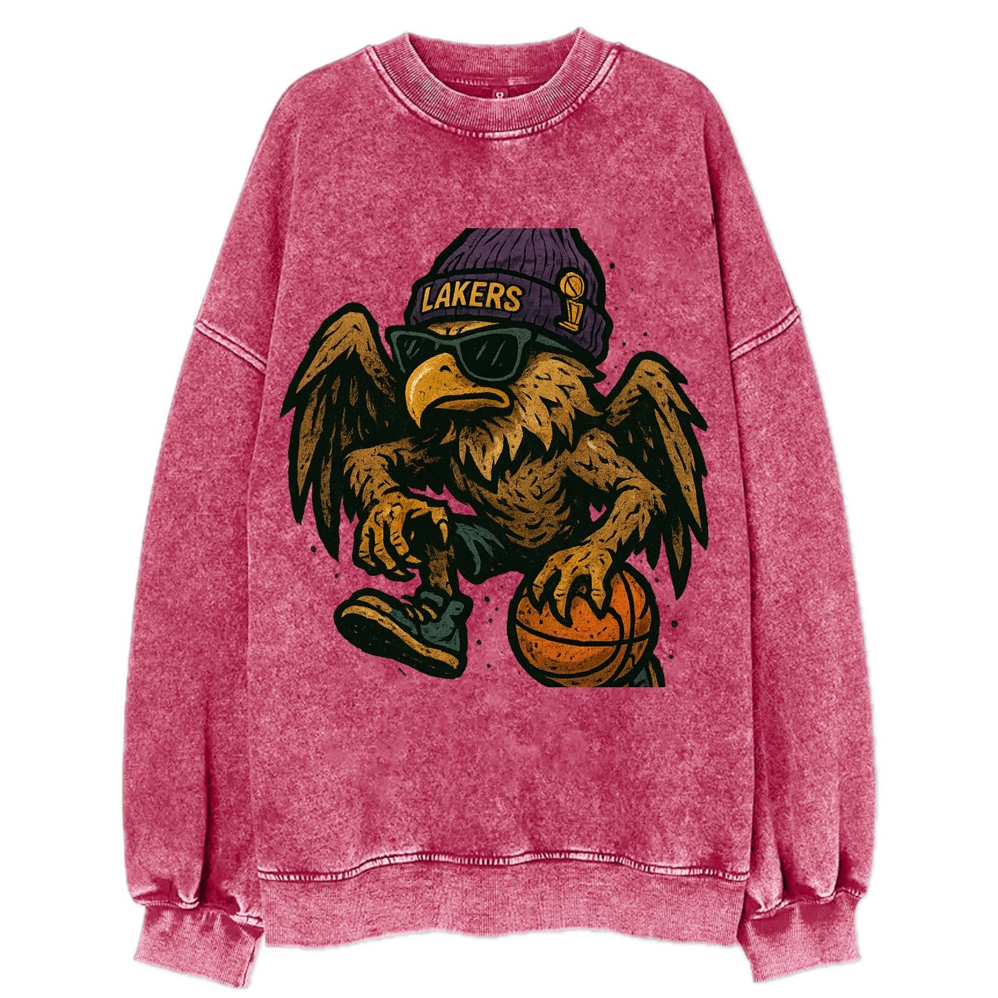 Los Angeles Golden Eagle wearing Lakers beanie with trophy patch and wayfarer - Vintage Sweatshirt - Pink