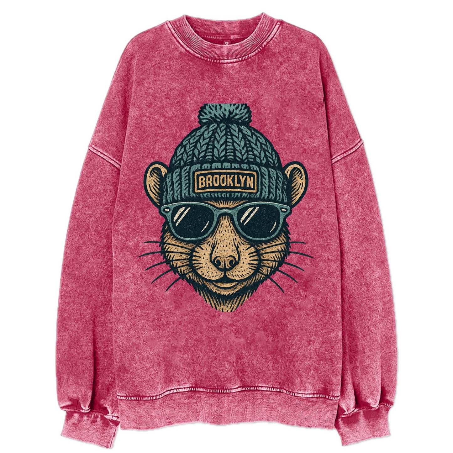 NYC Rat wearing Brooklyn beanie with pom pom and wayfarer sunglasses - Vintage Sweatshirt - Pink